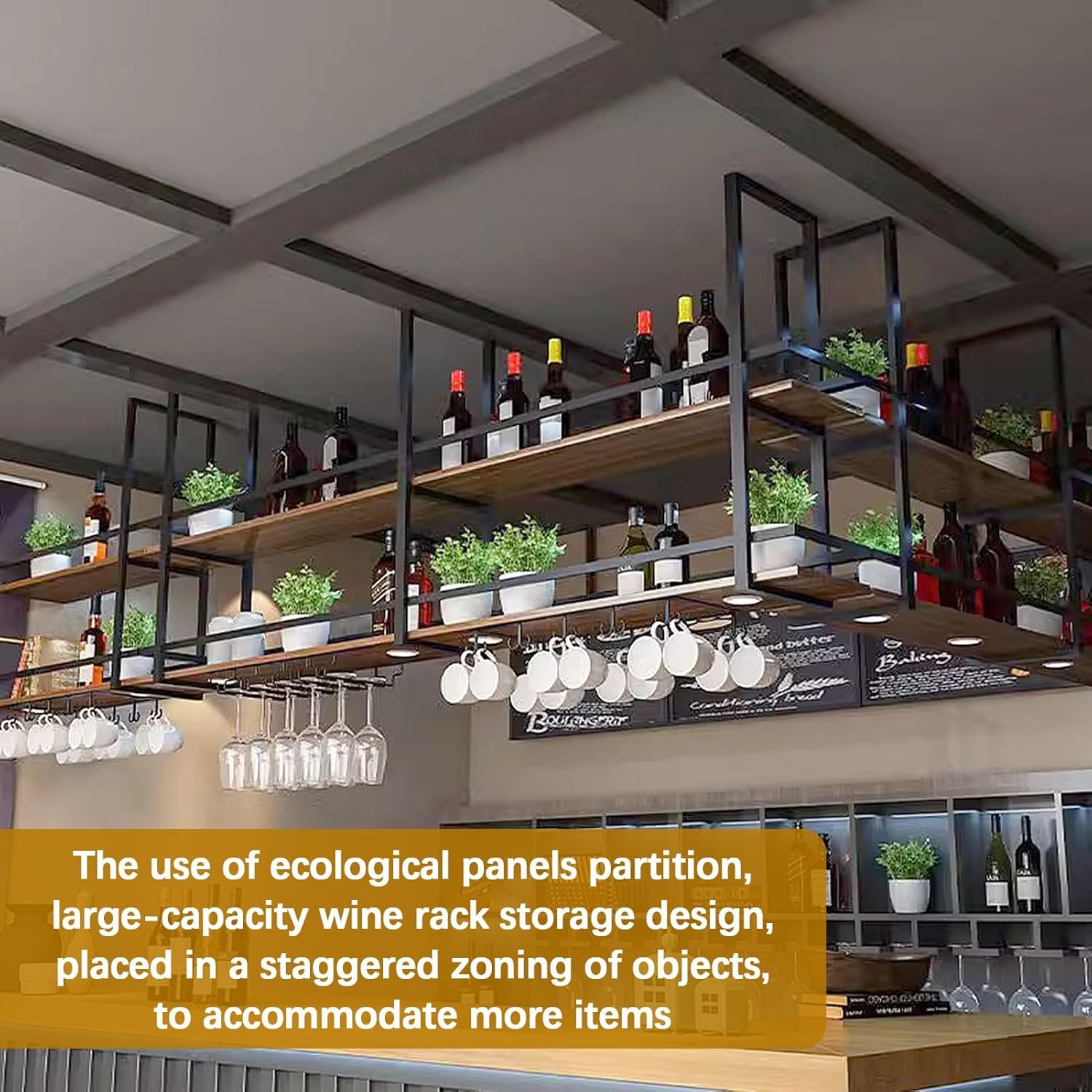 Hanging Wine Rack 2 Layer Metal Ceiling Glass Holder with Shelf and Display