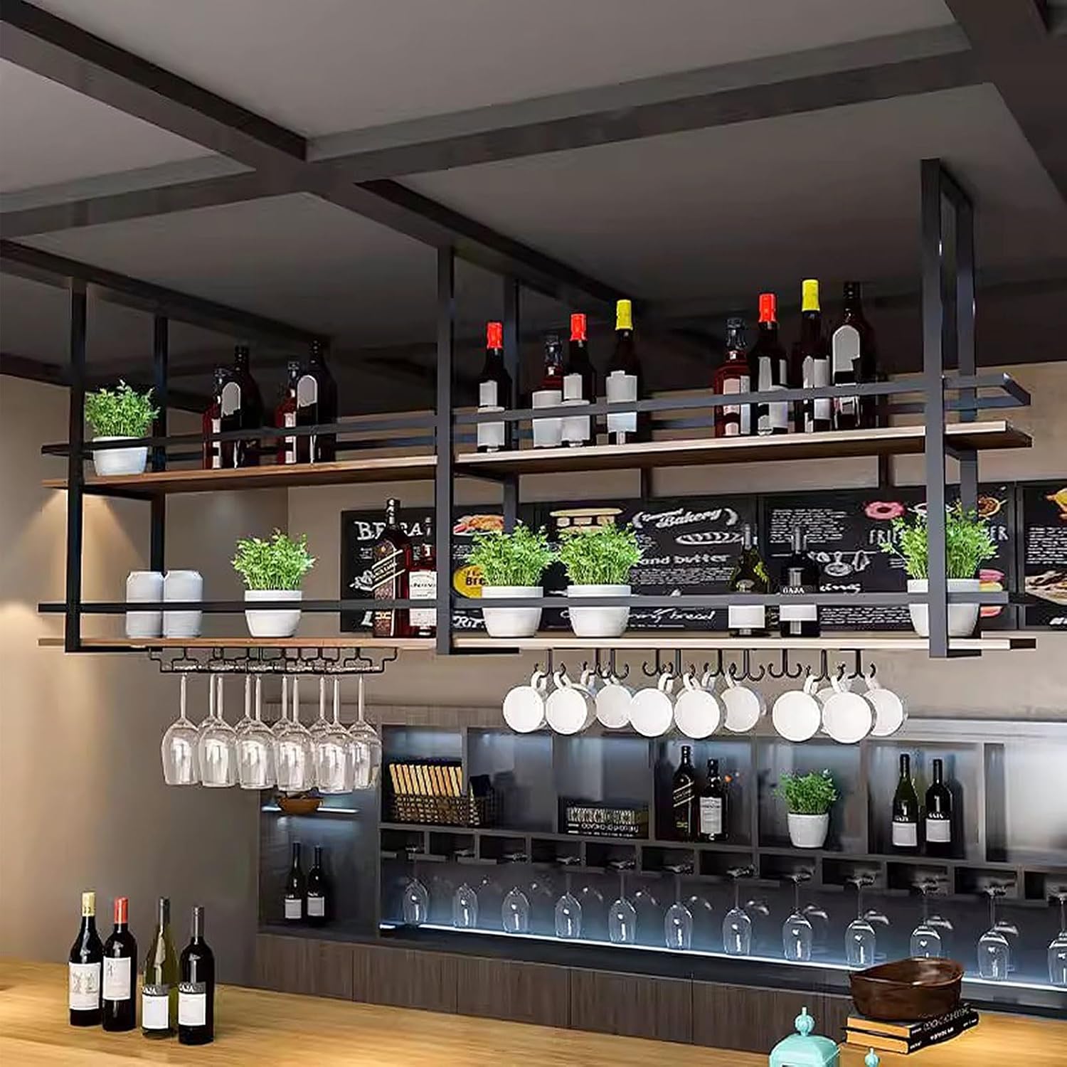 Hanging Wine Rack 2 Layer Metal Ceiling Glass Holder with Shelf and Display