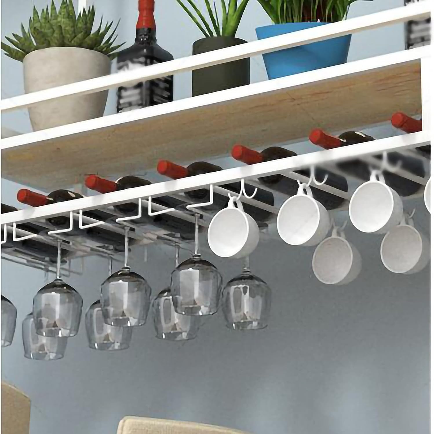 ZJDYDY 2 Tier Wall-Mounted Wine Rack with Glass Holder and Guard Rail