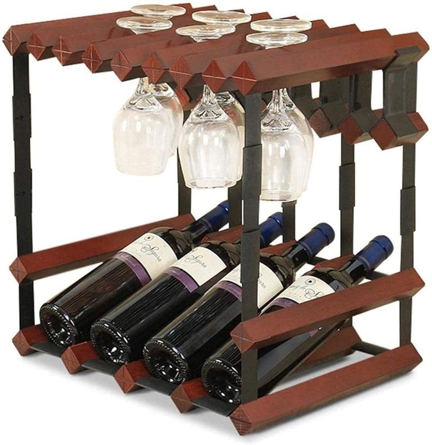 LASEVE Freestanding Wine Rack with Wooden Top and Metal Frame