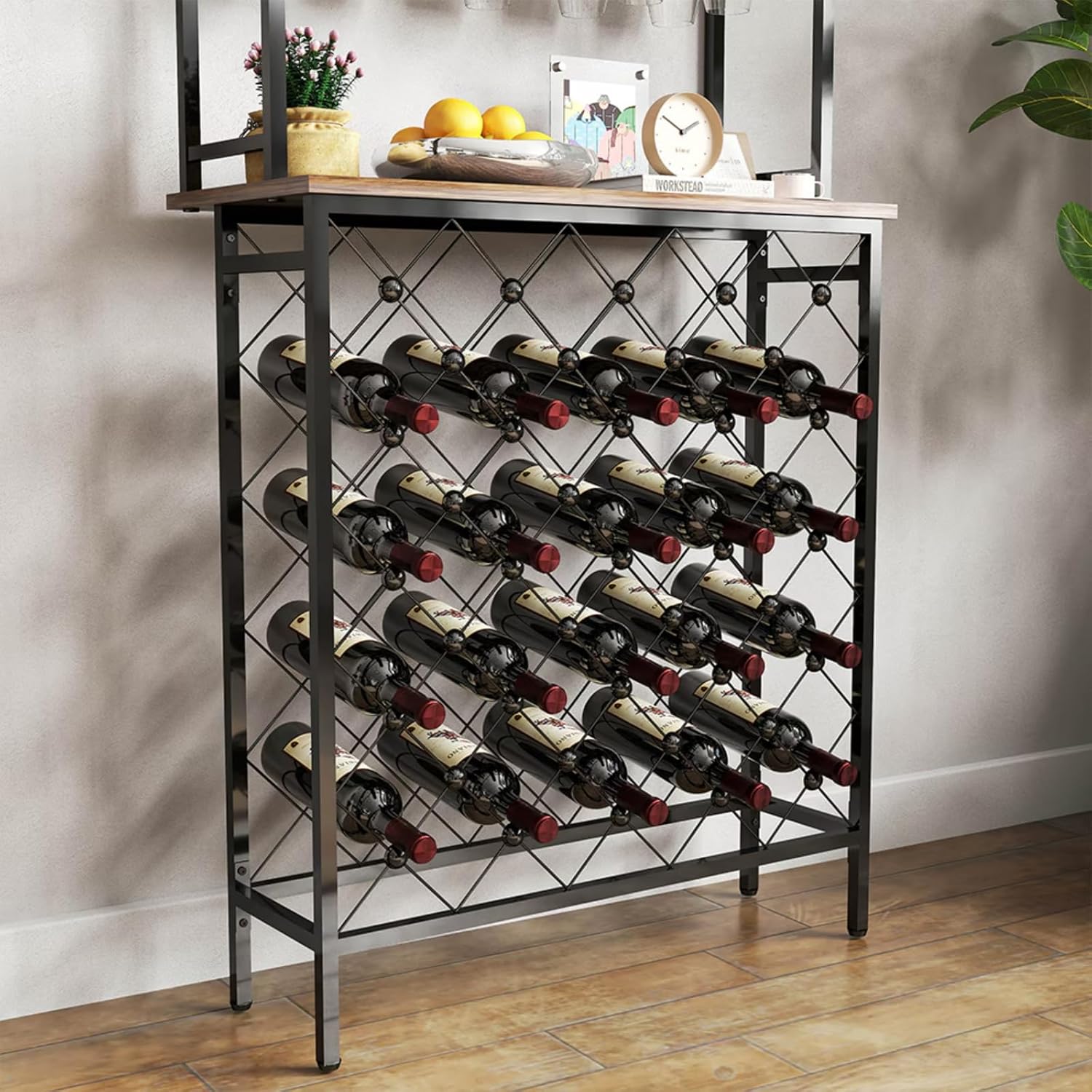 20-Bottle Floor Wine Rack with Glass Holder and Shelves
