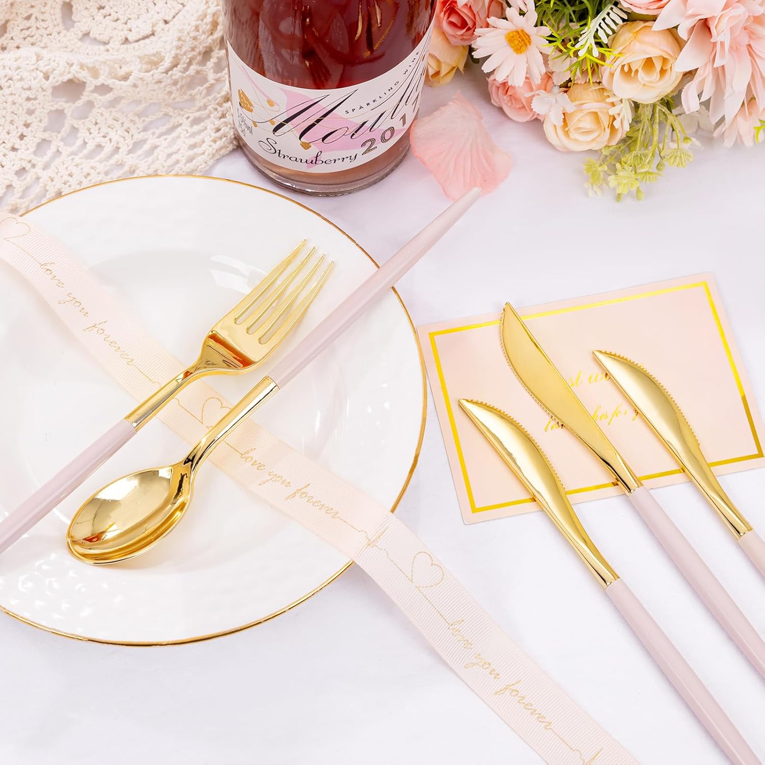 SUT 160Pcs Pink and Gold Plastic Silverware Set 1