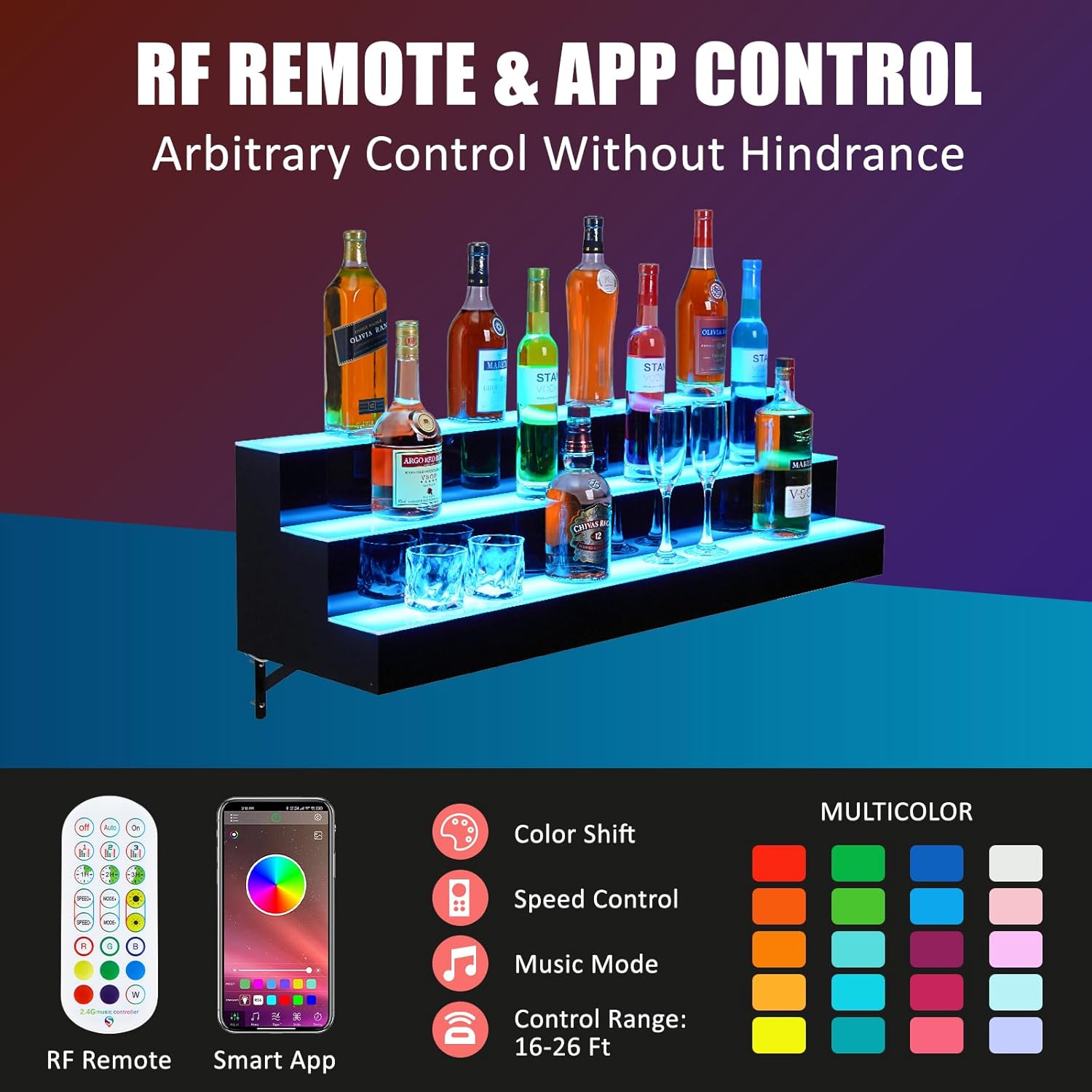 GarveeTech LED Lighted Liquor Display Shelf 3 Tier 40 Inch