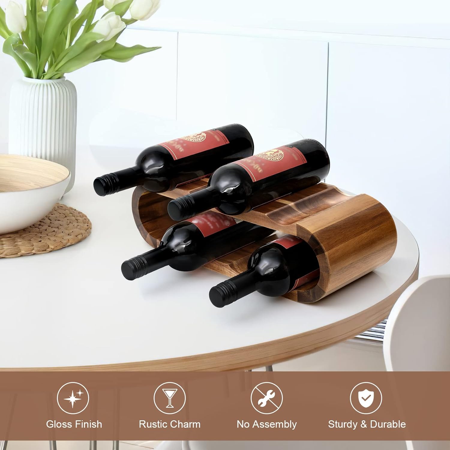 FekCits 8-Bottle Acacia Wood Wine Rack Freestanding No Assembly Needed