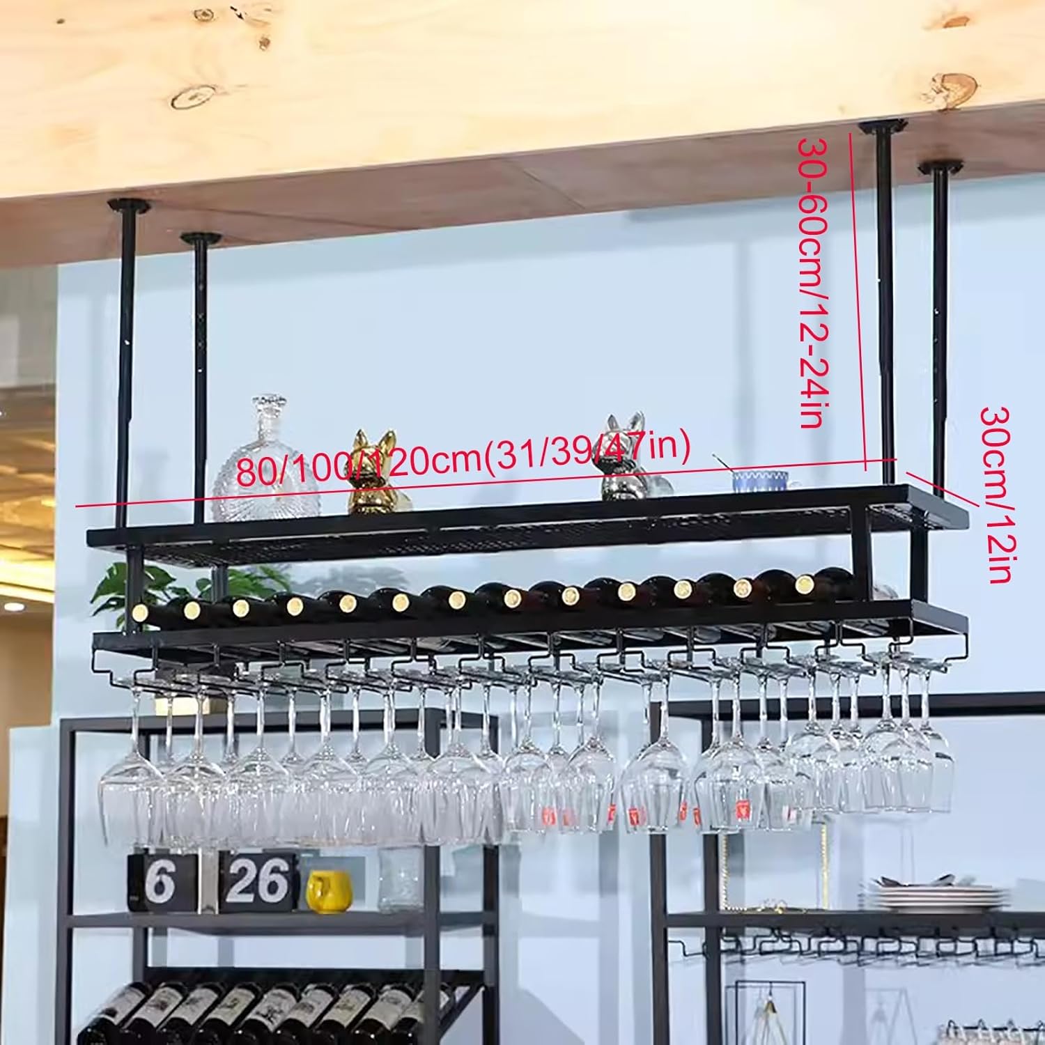 Adjustable Ceiling Wine Glass Rack for Kitchen and Bar Use