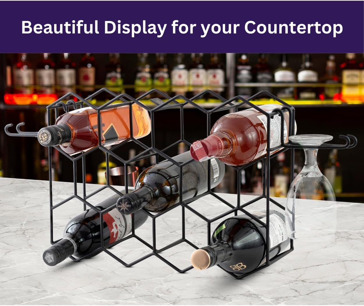 Melvvi 3-Tier Wine Rack Black Metal 15 Holds 14 Bottles 2 Glasses