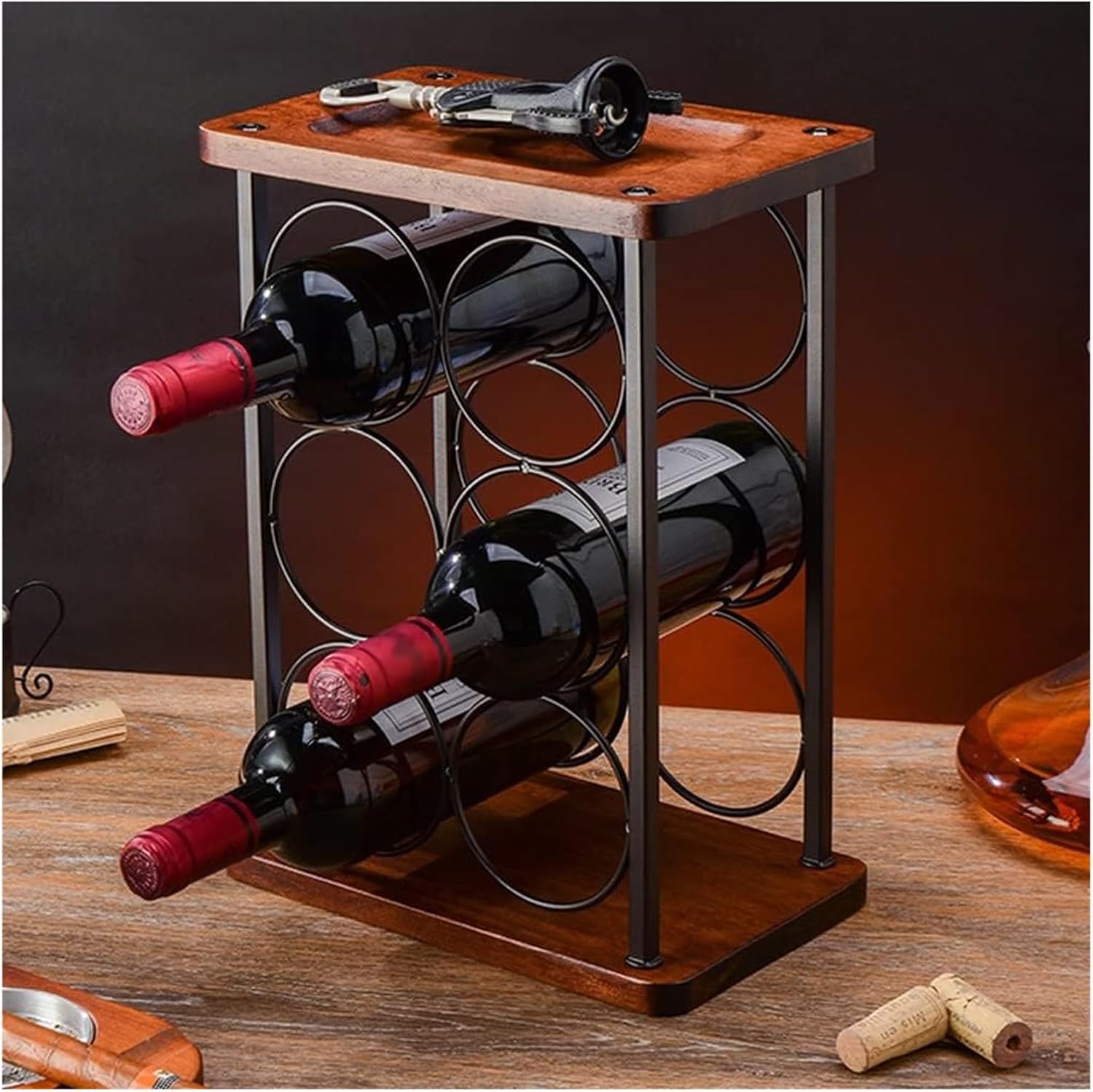 Freestanding Wine Rack Holds 6 Bottles Rustic Kitchen Counter Display