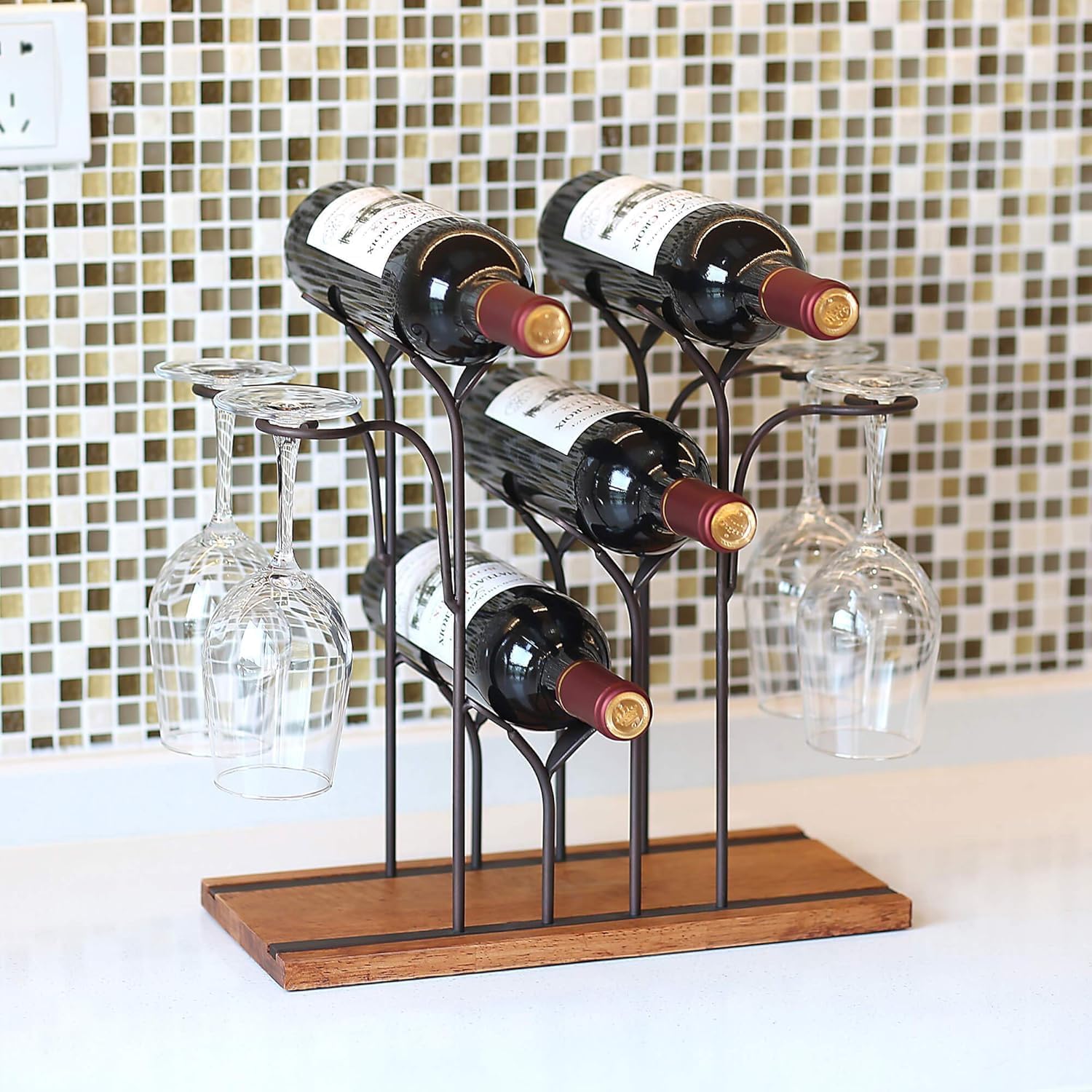 Stylish Bronze Wine Rack with 4 Bottles and 4 Glasses