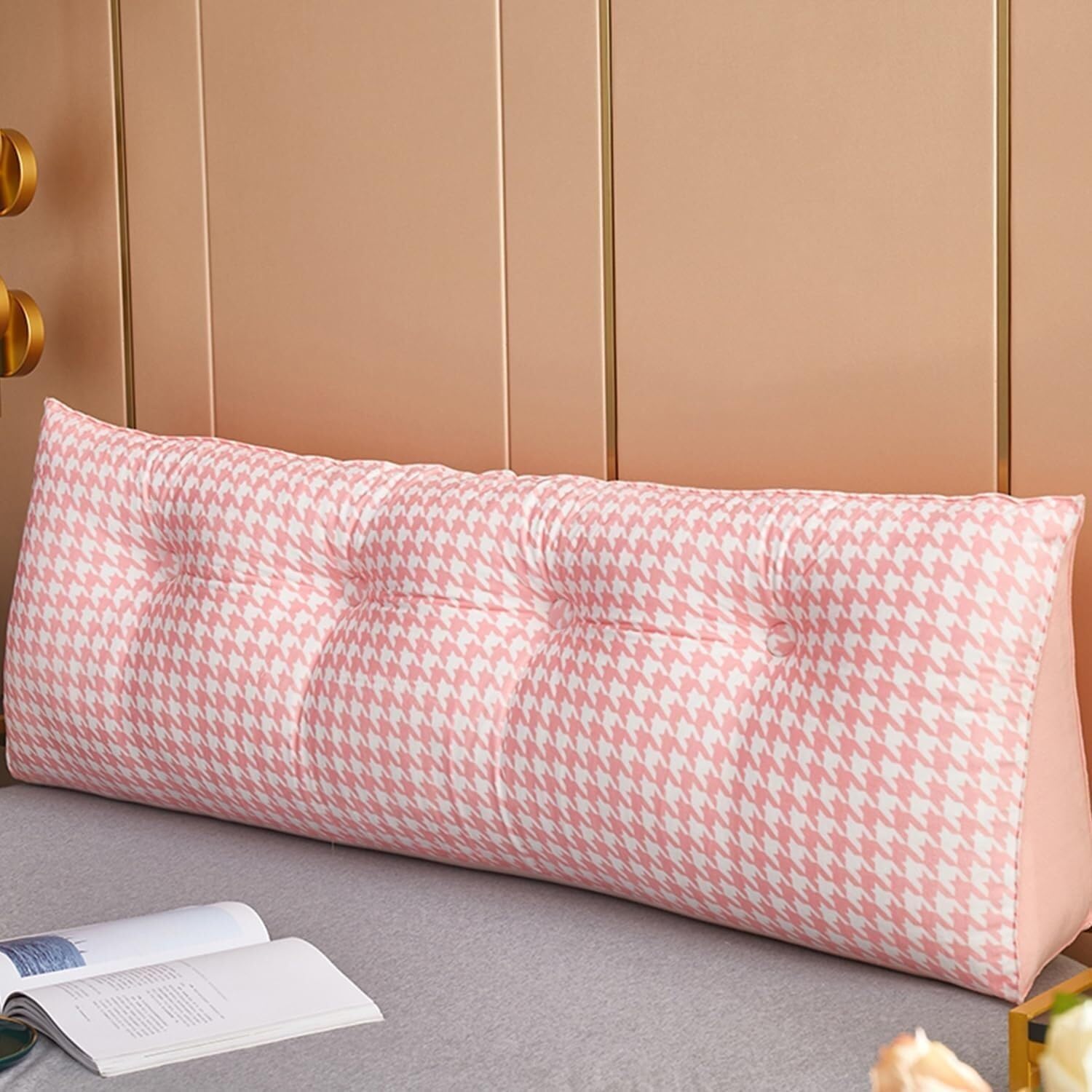 Velvet Triangular Reading Pillow with Side Pockets - Pink 47120cm