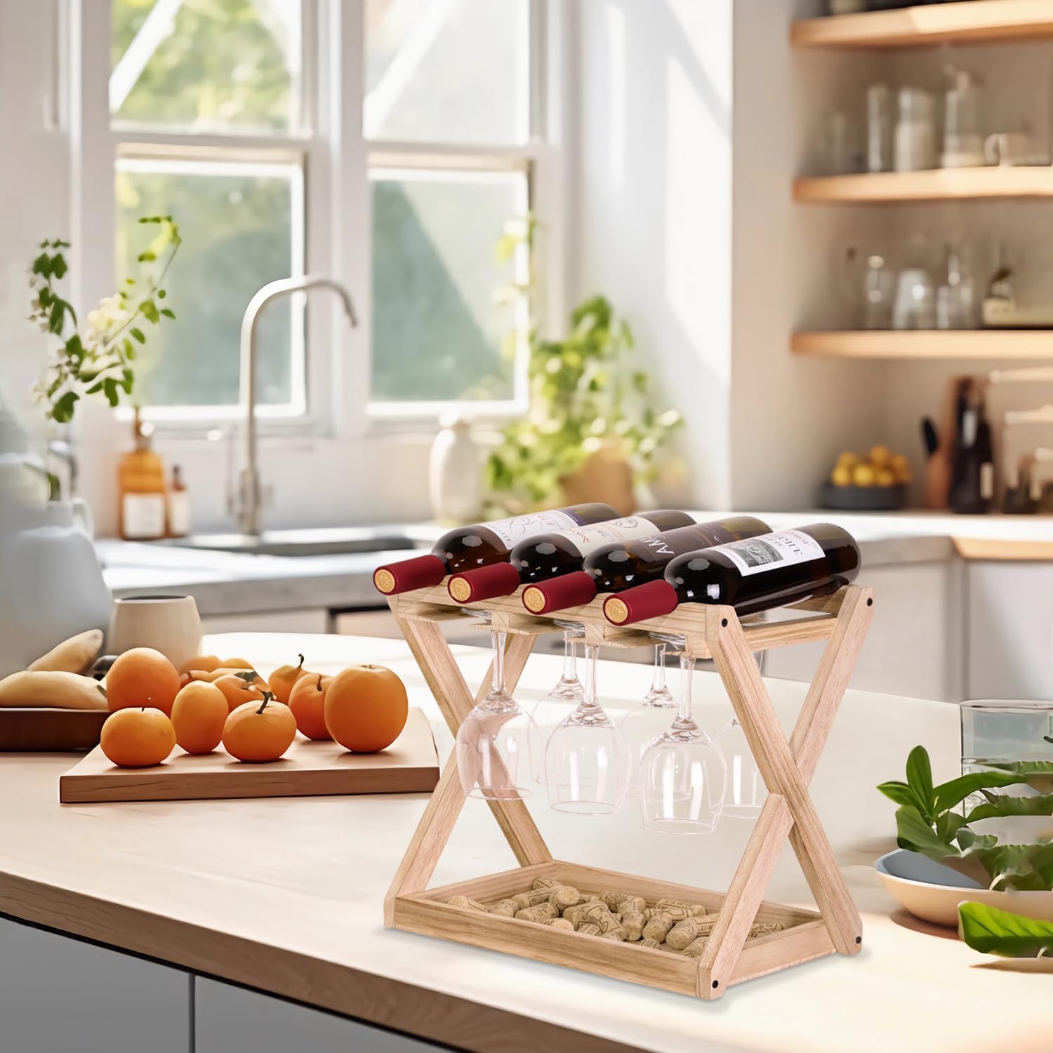 WDSHIYI Wine Rack 4 Bottles 6 Stemware Holder