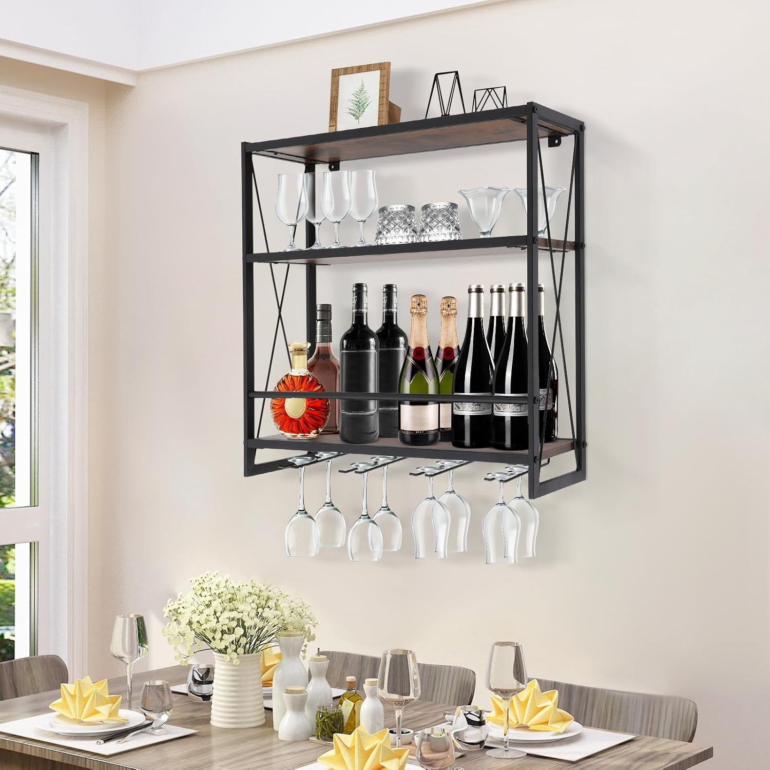 Gdrasuya10 Wall Mounted Wine Rack with 3-Tier Glass Holder
