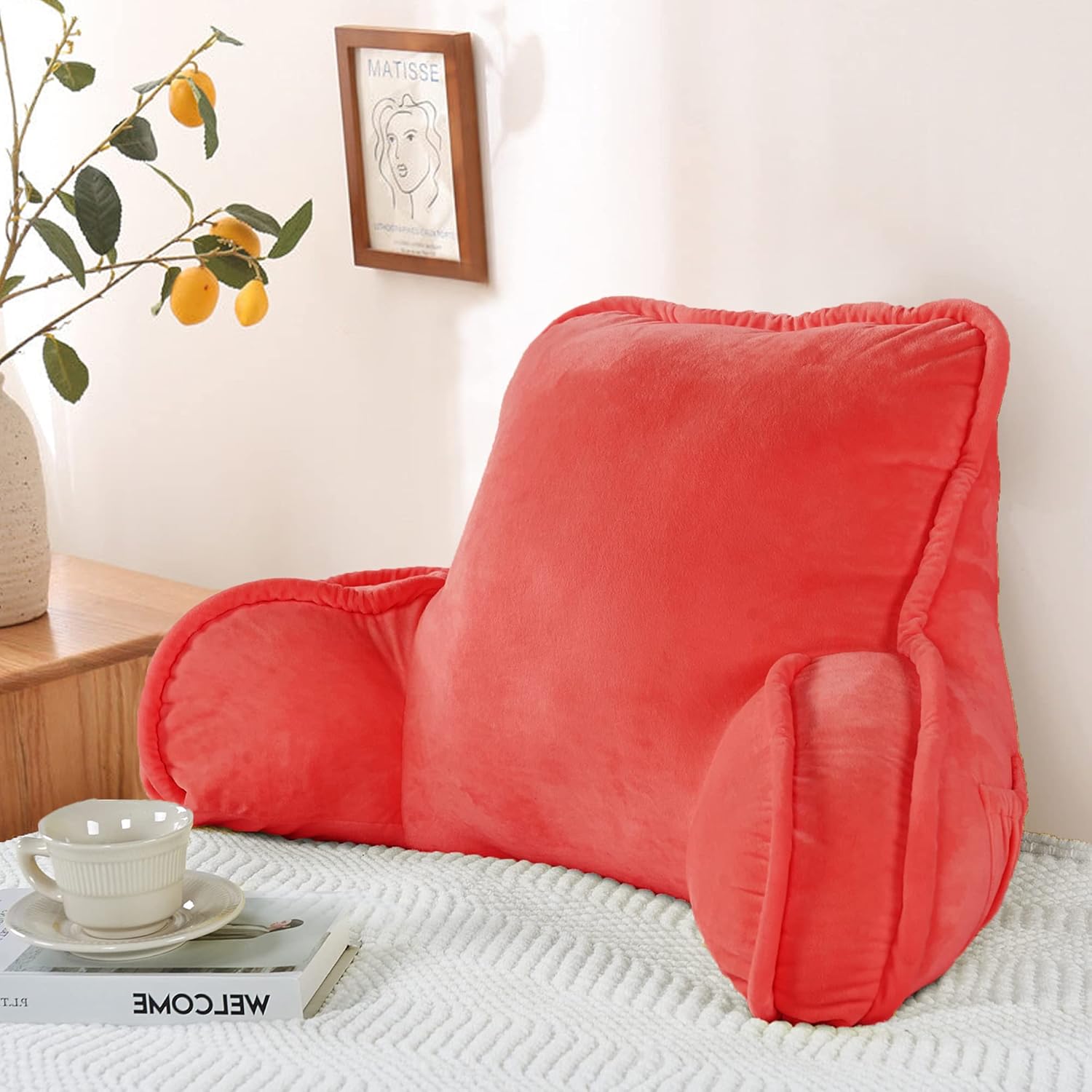 BYTIDE Bright Pink Reading Bed Rest Pillow with Arms and Pockets