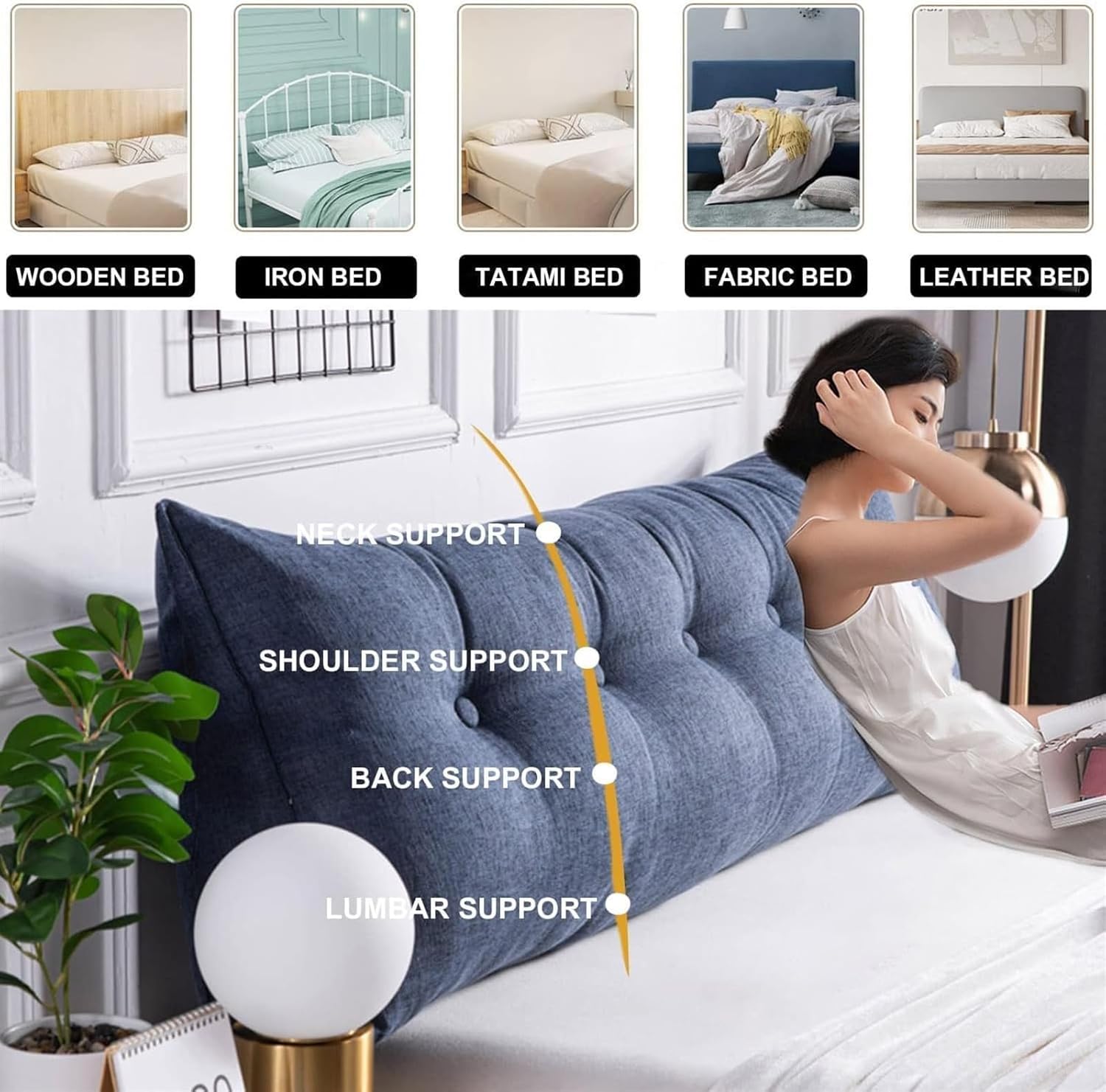 Thick Cotton Canvas Triangle Headrest Pillow 200cm Blue
