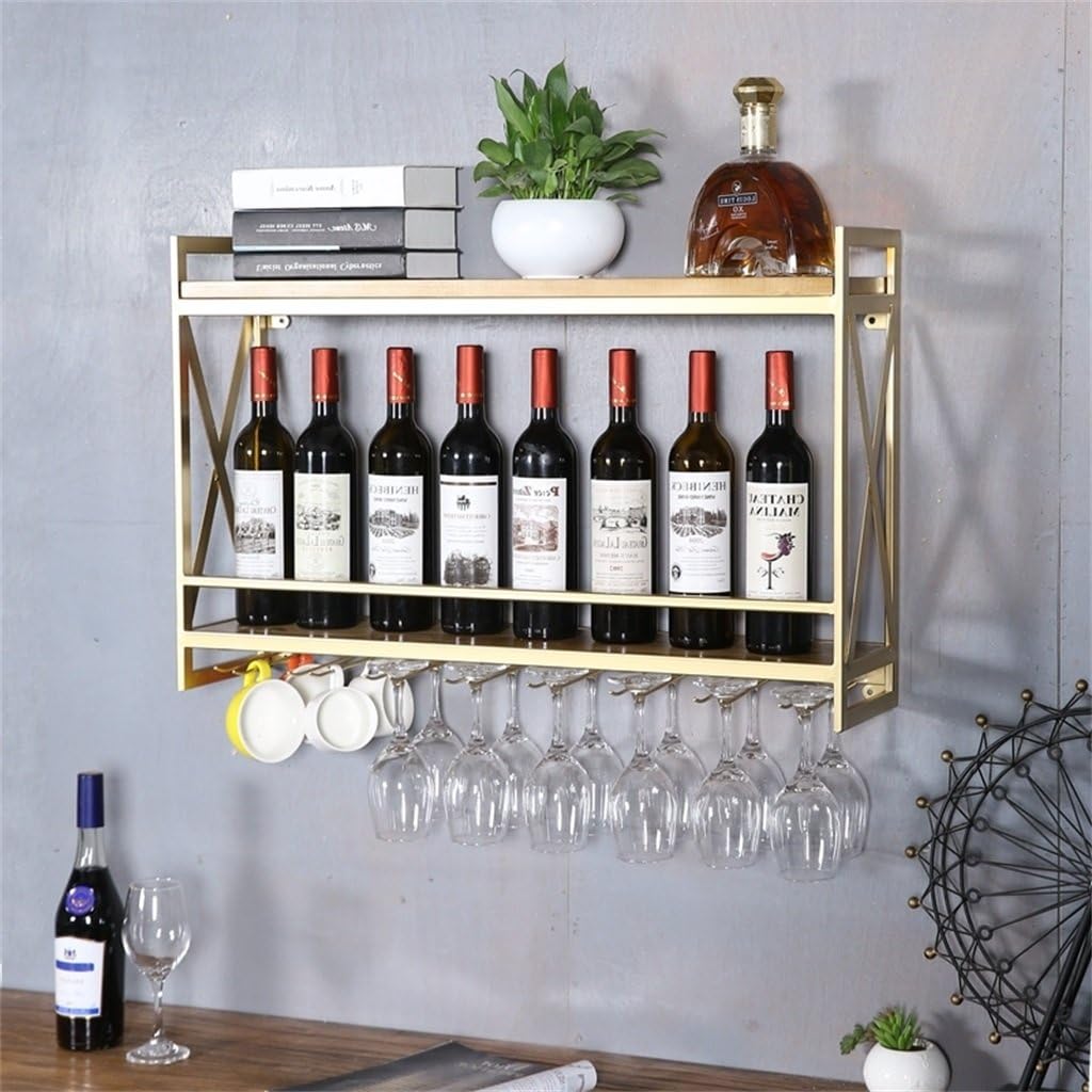LUNEZY Gold Wine Rack with Wooden Holder