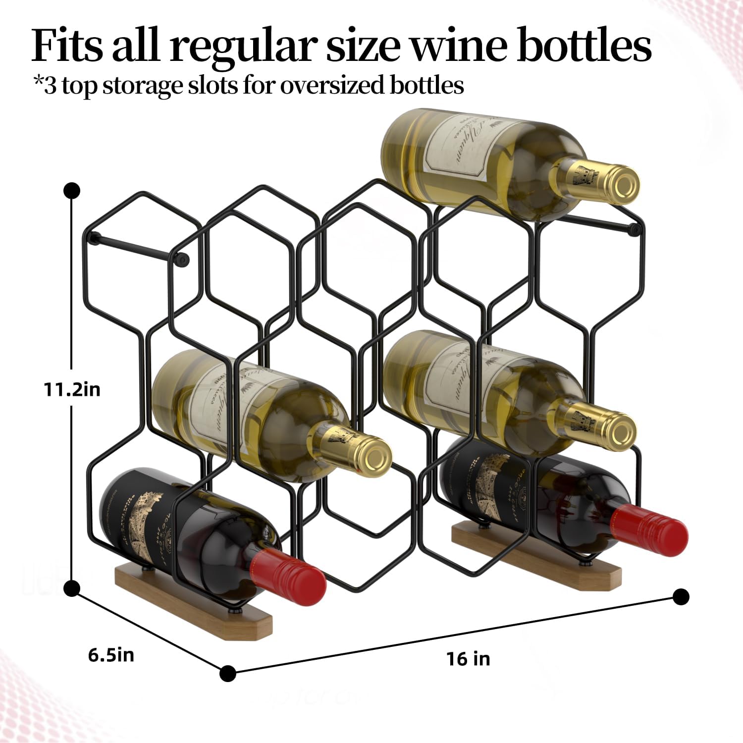 Buruis 6-Bottle Wine Rack Black 14-Bottle Wooden Base Black