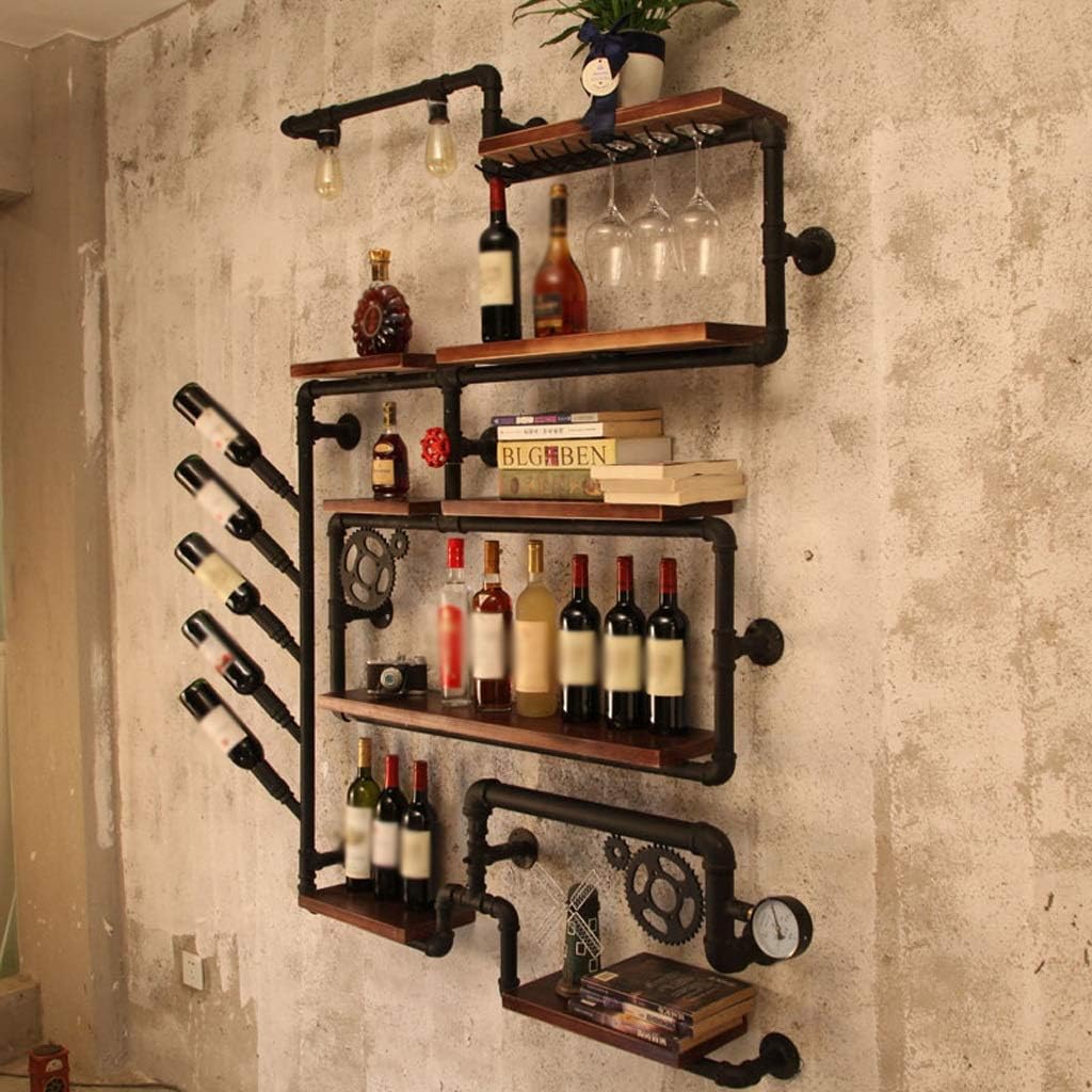 Industrial Wind Pipeline Wine Rack with Solid Wood Base