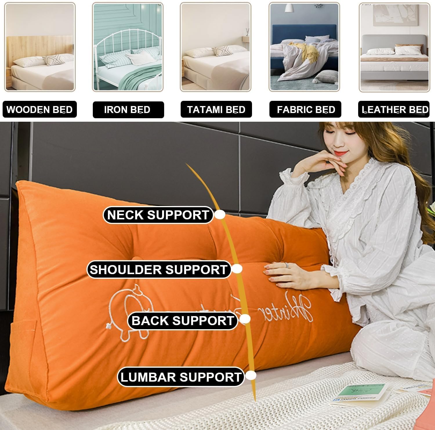 Wedge Headboard Pillow Large Triangular Cushion with Washable Cover and Removable Buttons - Orange