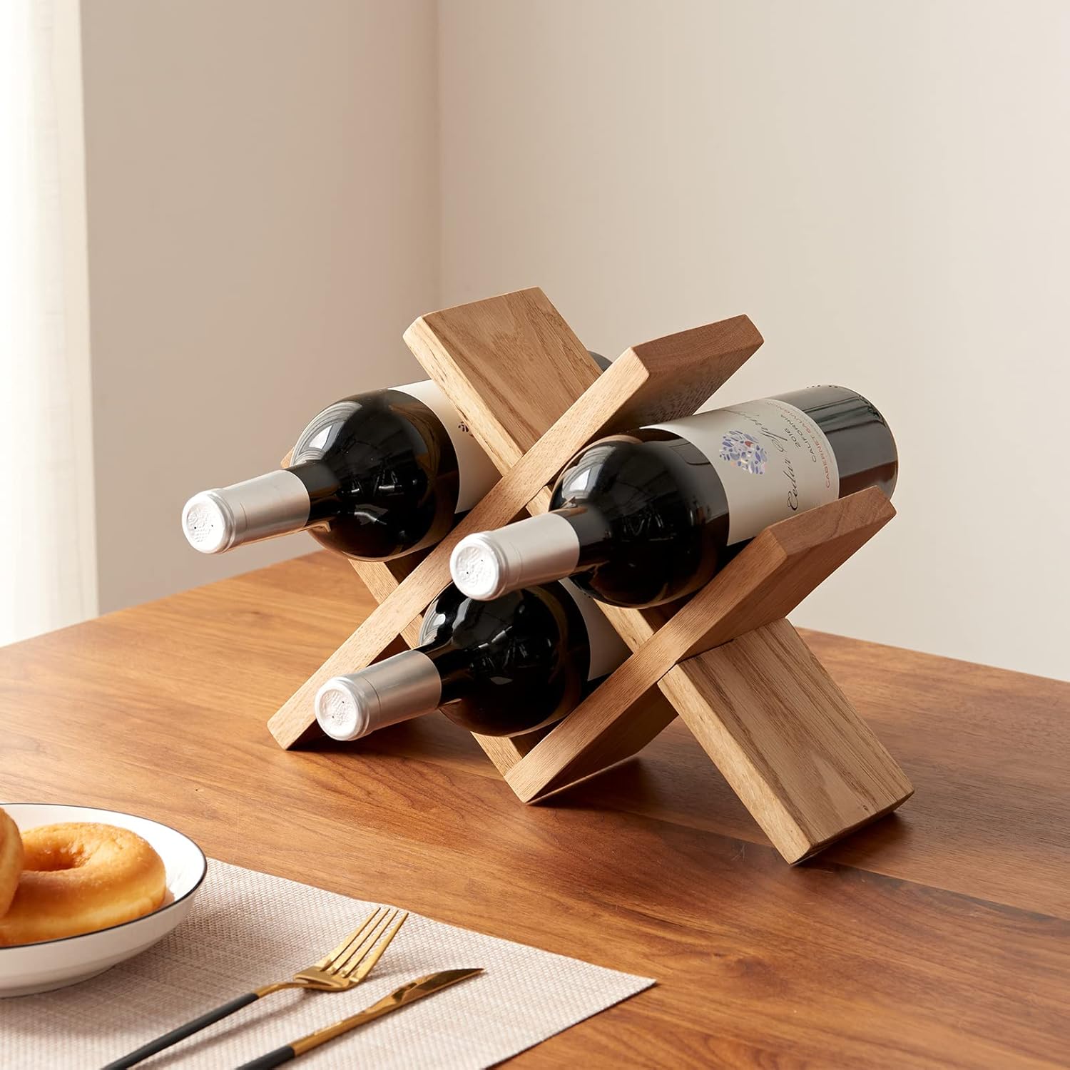TREOAKWIS Solid Oak Wine Rack 4-Bottle Holder