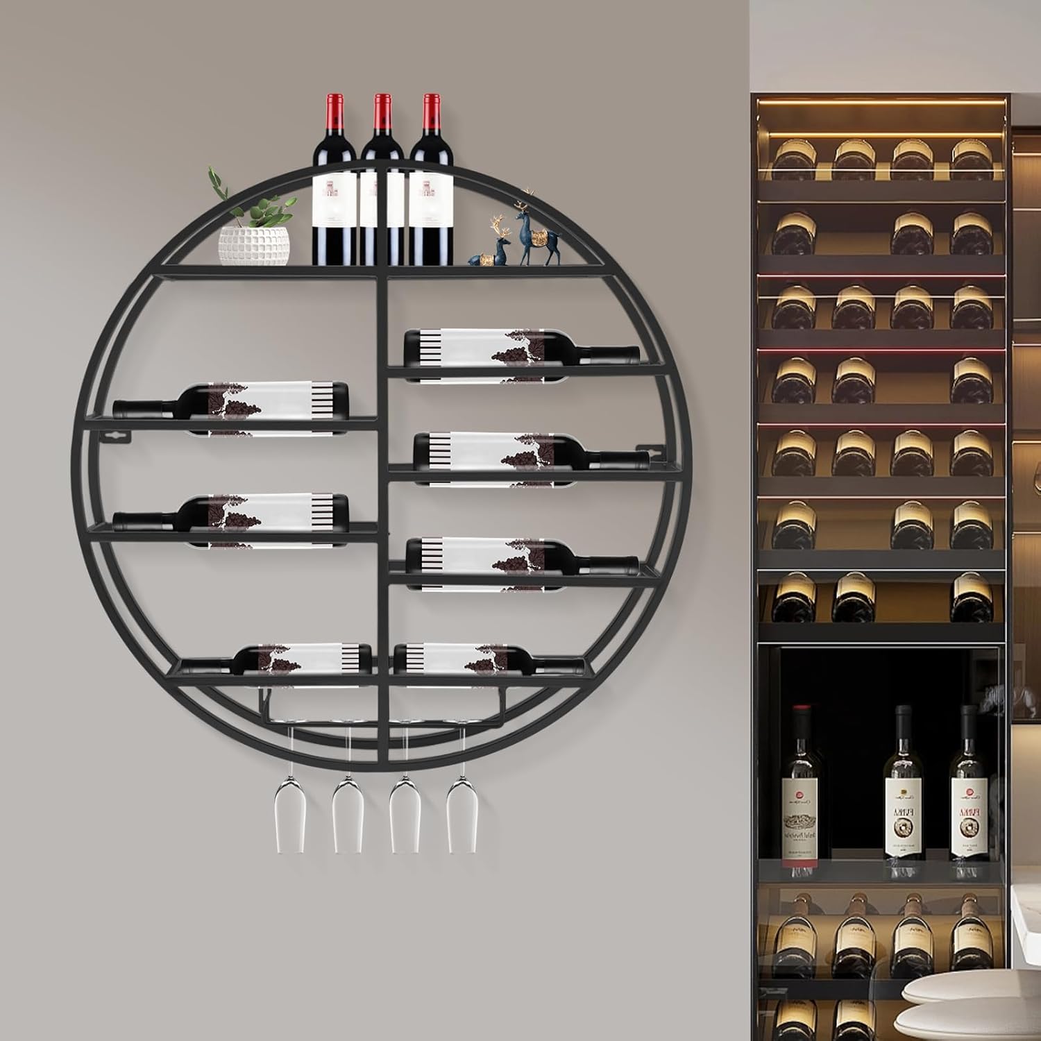 Wall Mounted Round Wine Rack with Glass Holder Black Iron