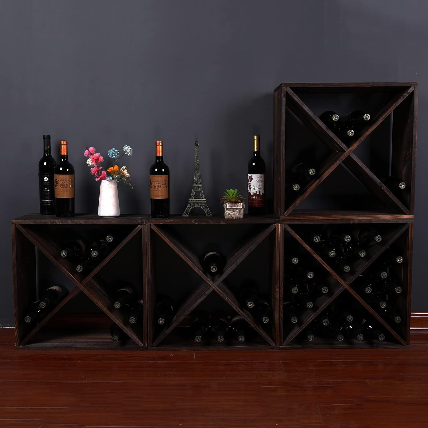 Dark Brown Rustic Wooden 24-Bottle Wine Rack
