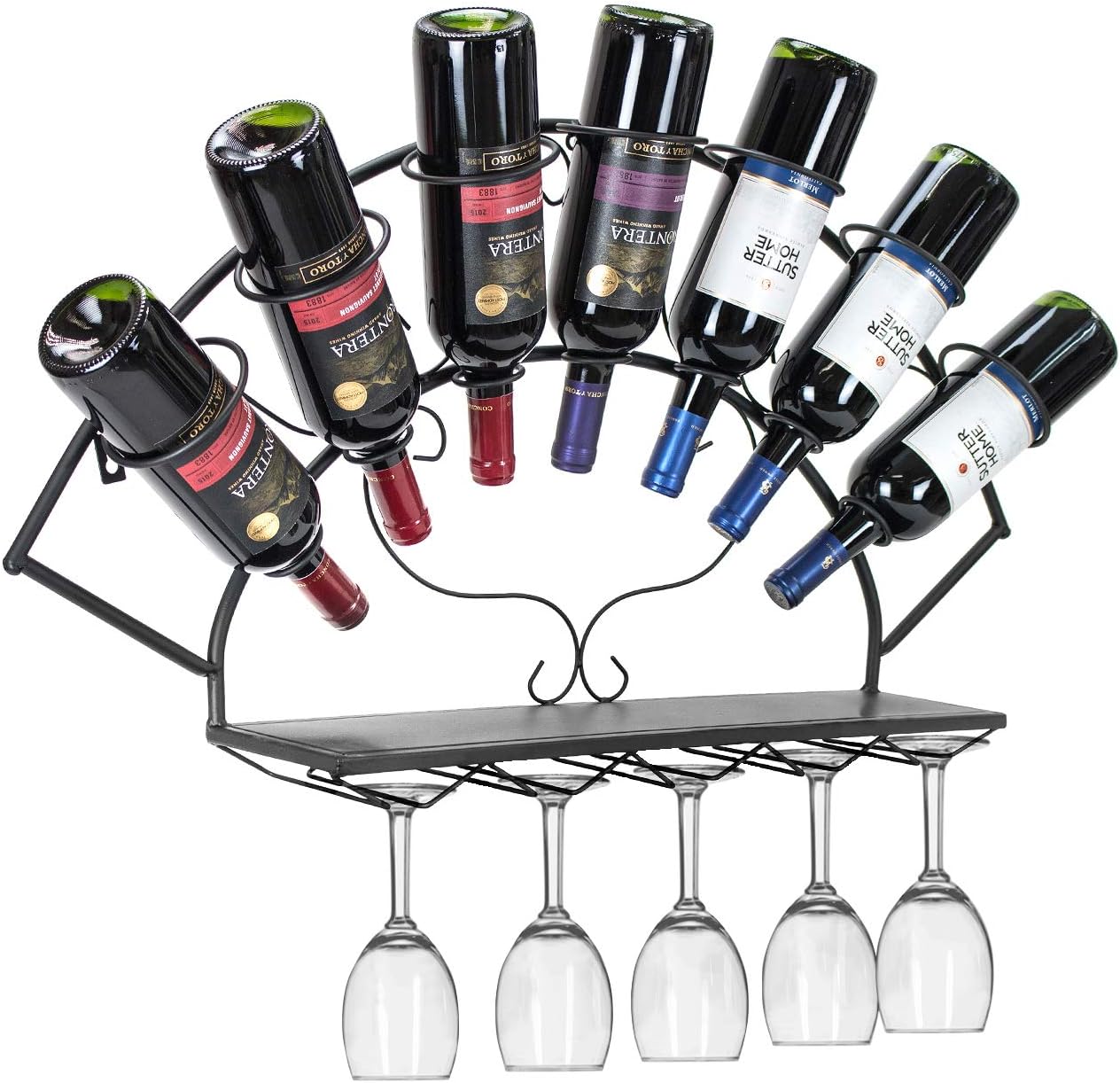 Sorbus Wall-Mounted Wine Rack with Glass Holder - Holds 7 Bottles and 5 Glasses Black