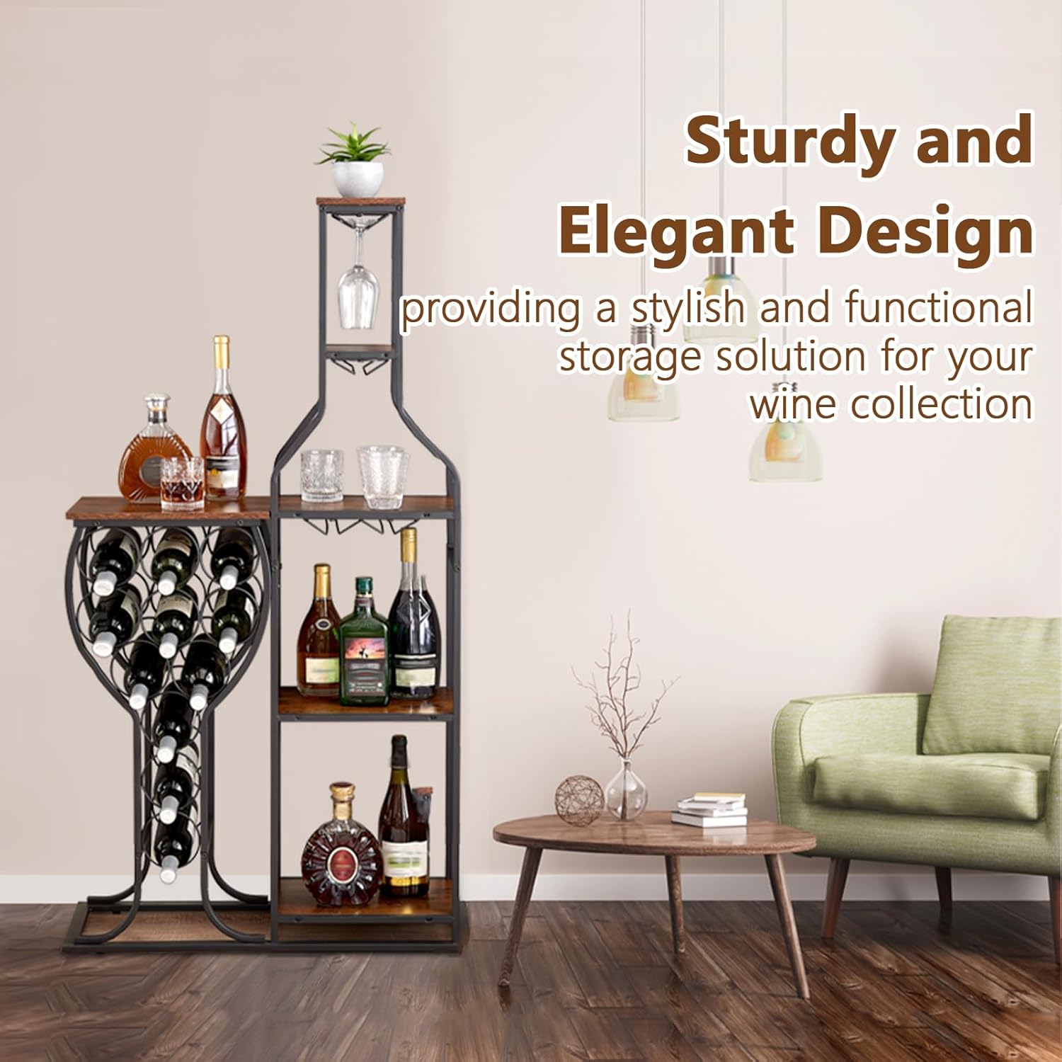 MATONELL 11-Bottle Freestanding Wine Rack with 5 Tier and Glass Holder