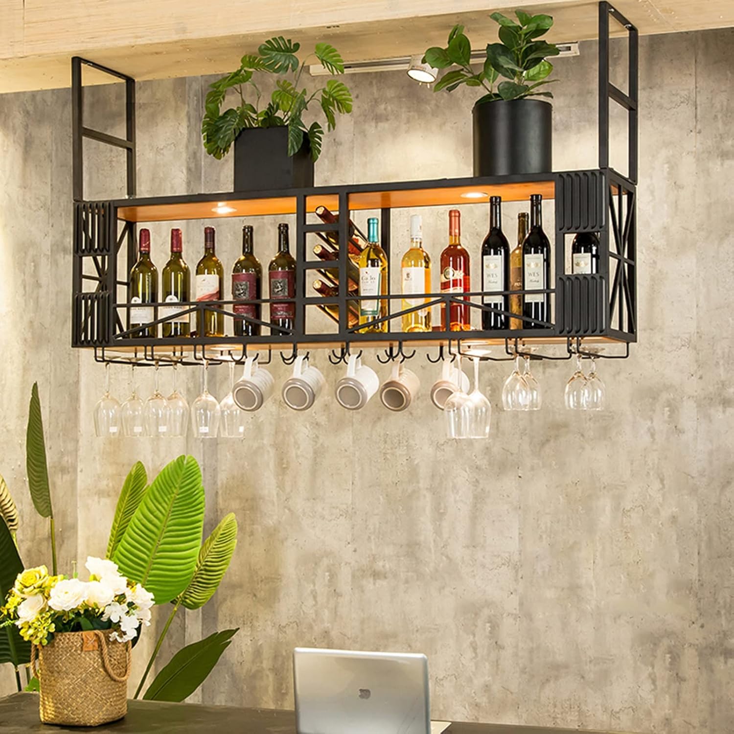 LYLFF Ceiling Wine Rack with Dual Layer Storage