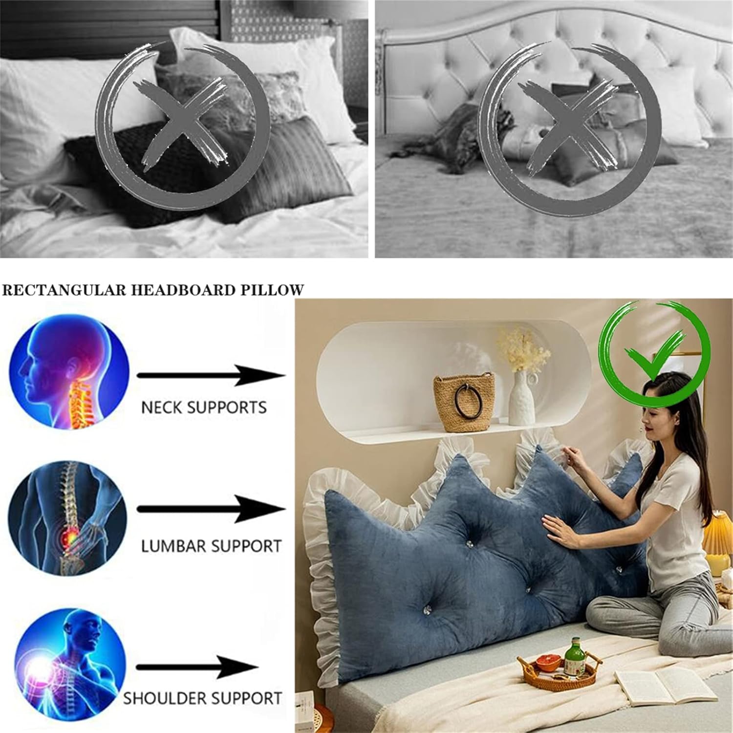 ZZYK Headboard Pillow Large Velvet Reading Cushion with Removable Cover