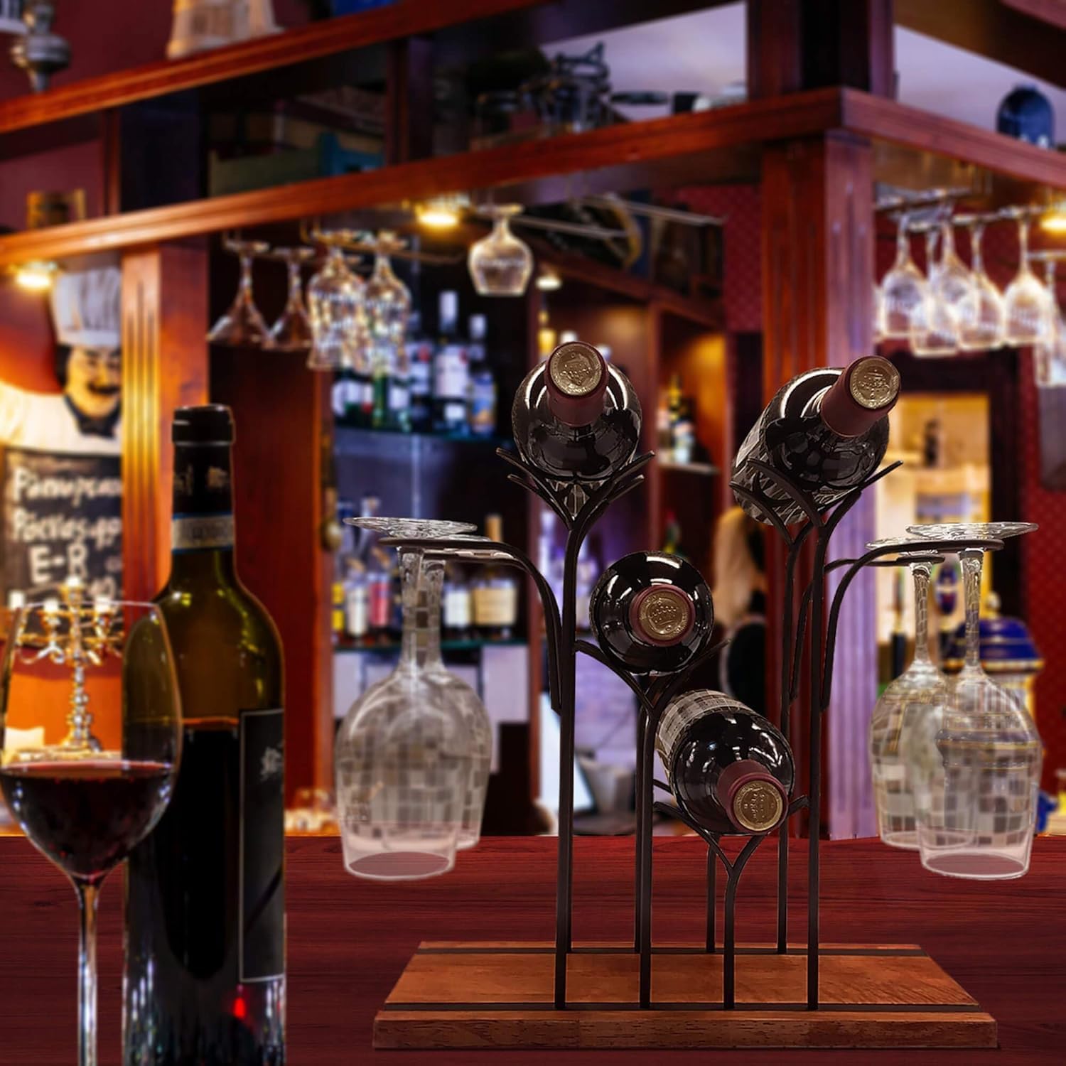 Stylish Bronze Wine Rack with 4 Bottles and 4 Glasses