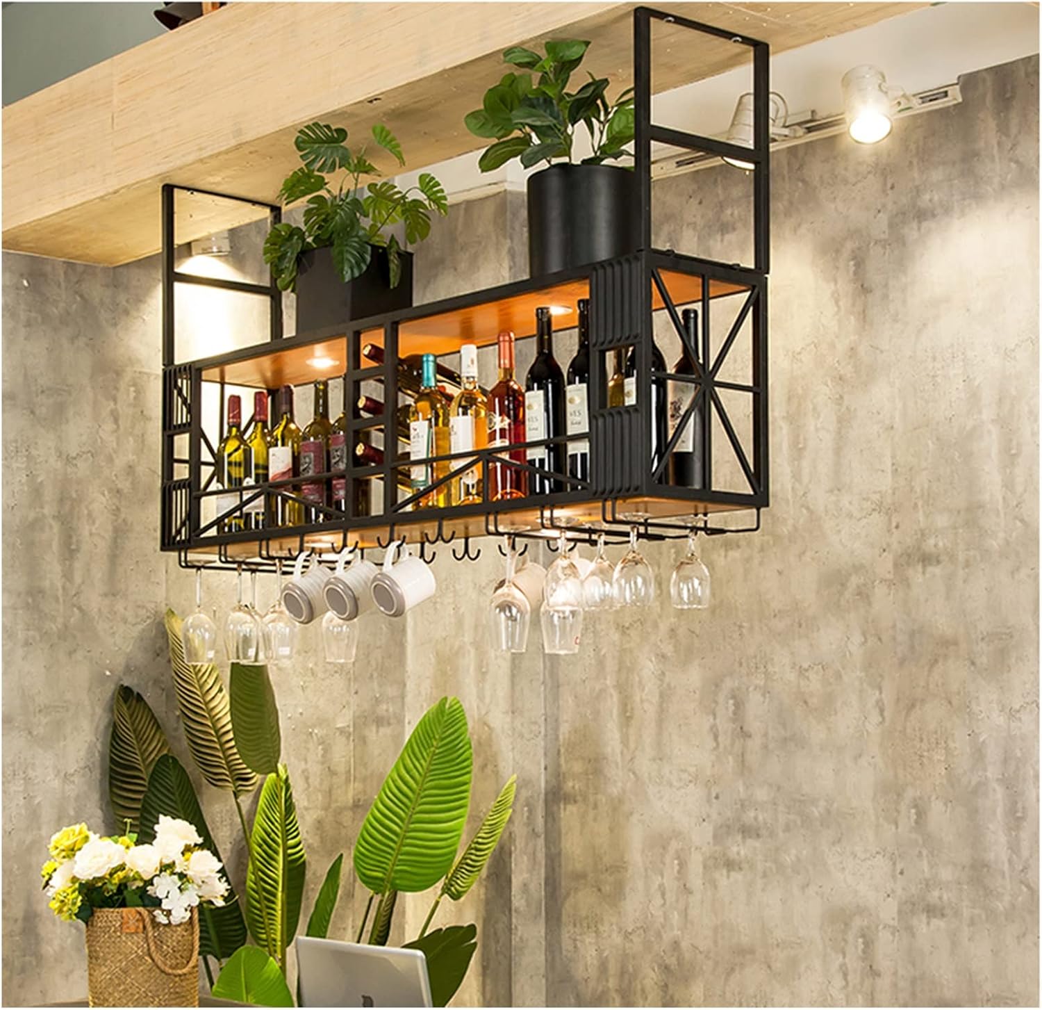 LYLFF Ceiling Wine Rack with Dual Layer Storage