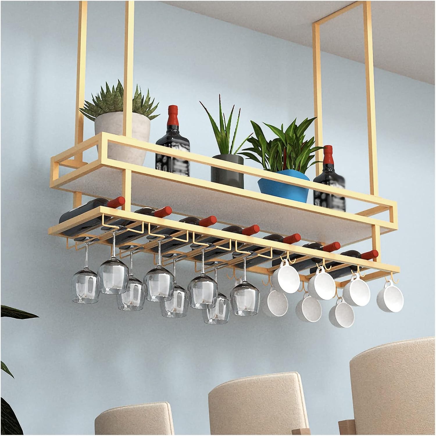 ZJDYDY 2 Tier Wall-Mounted Wine Rack with Glass Holder and Guard Rail