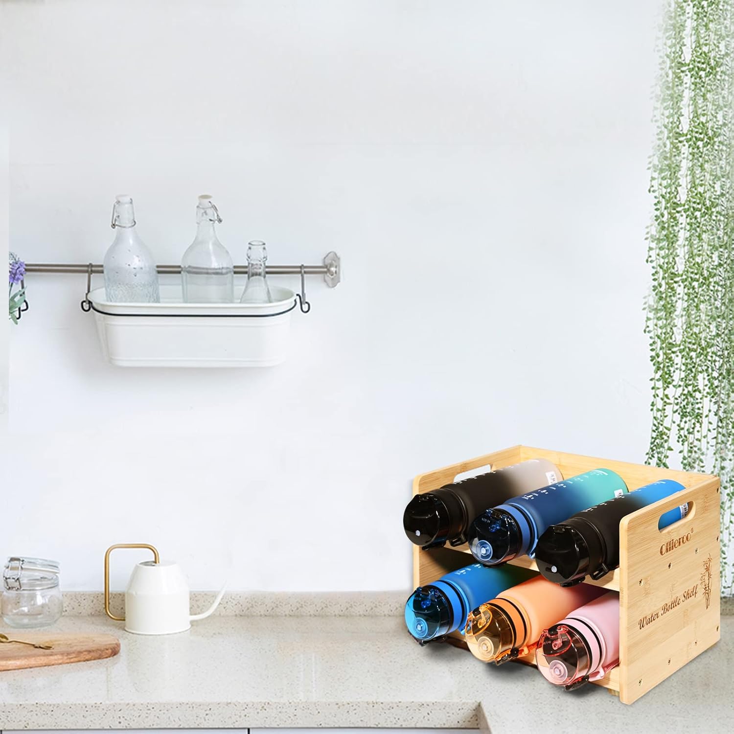 Ollieroo Bamboo Water Bottle Organizer Shelf with 2 Tiers Holds 6 Bottles Natural