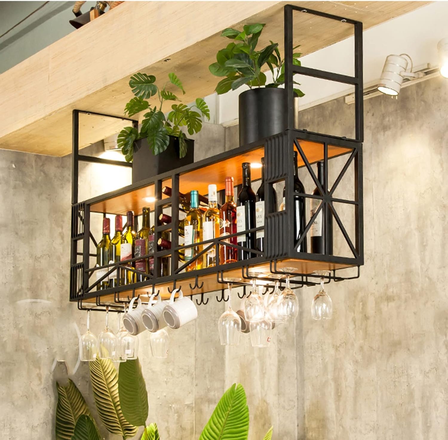 LYLFF Ceiling Wine Rack with Dual Layer Storage