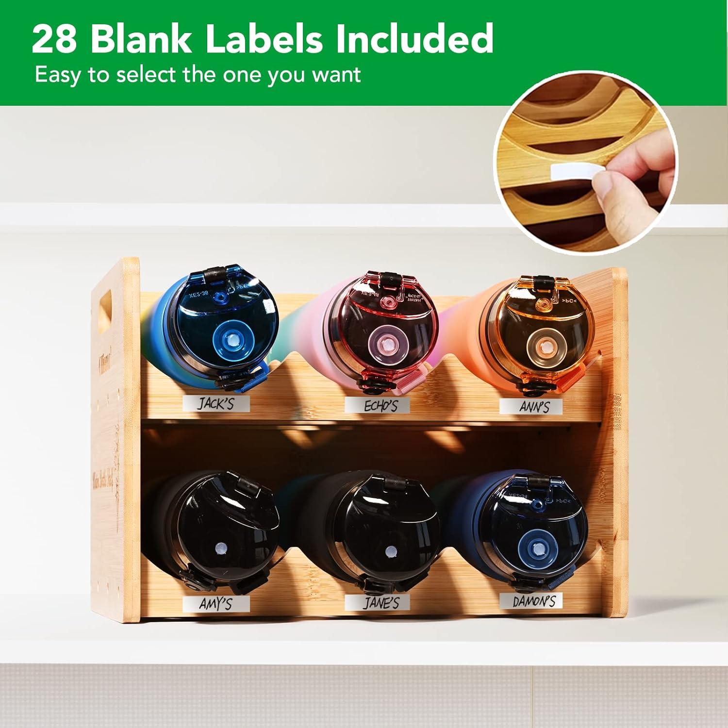 Ollieroo Bamboo Water Bottle Organizer Shelf with 2 Tiers Holds 6 Bottles Natural