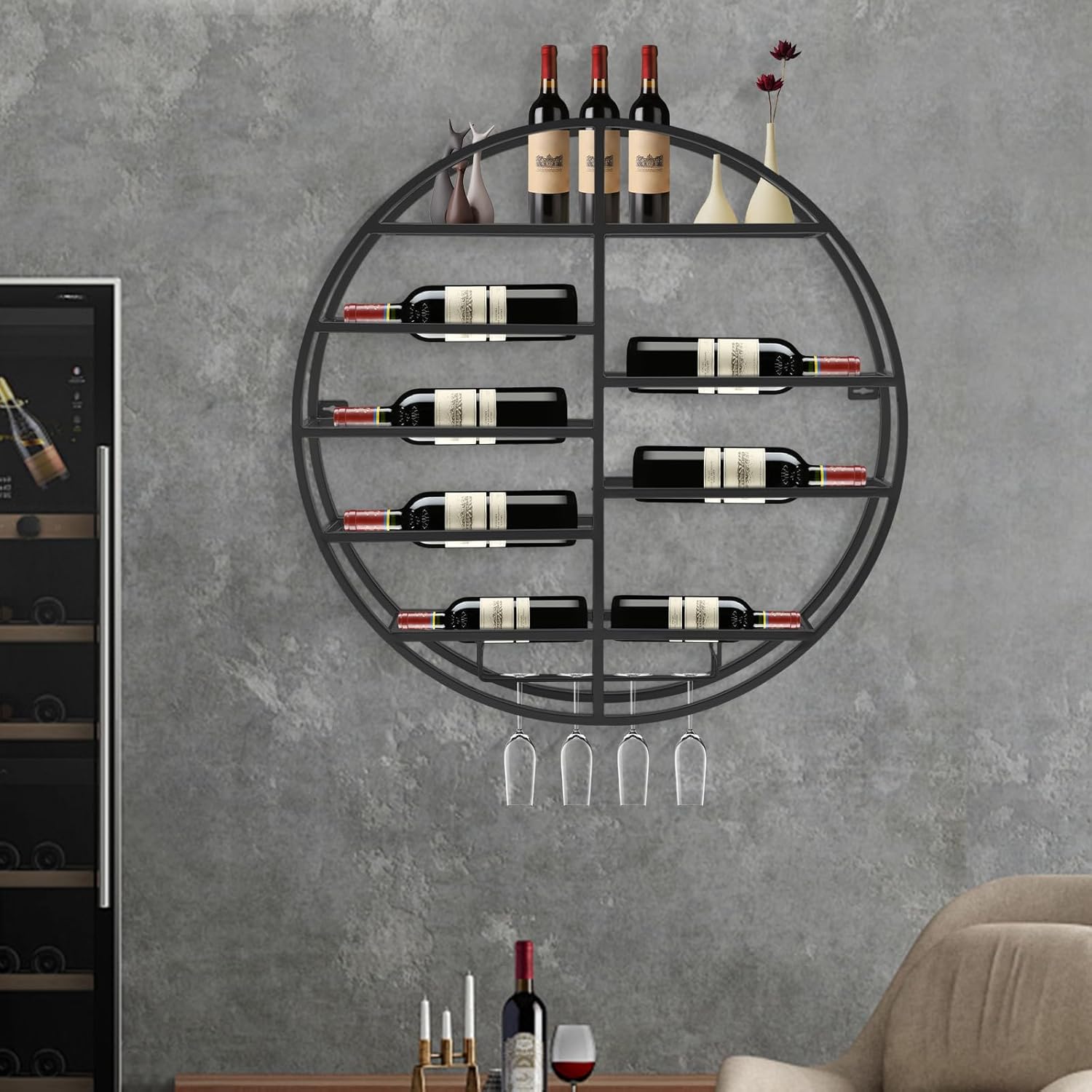 Wall Mounted Round Wine Rack with Glass Holder Black Iron