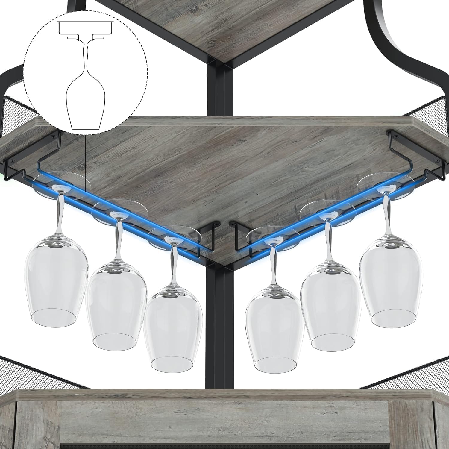 5-Tier Industrial Wine Cabinet with LED Light and Glass Holder