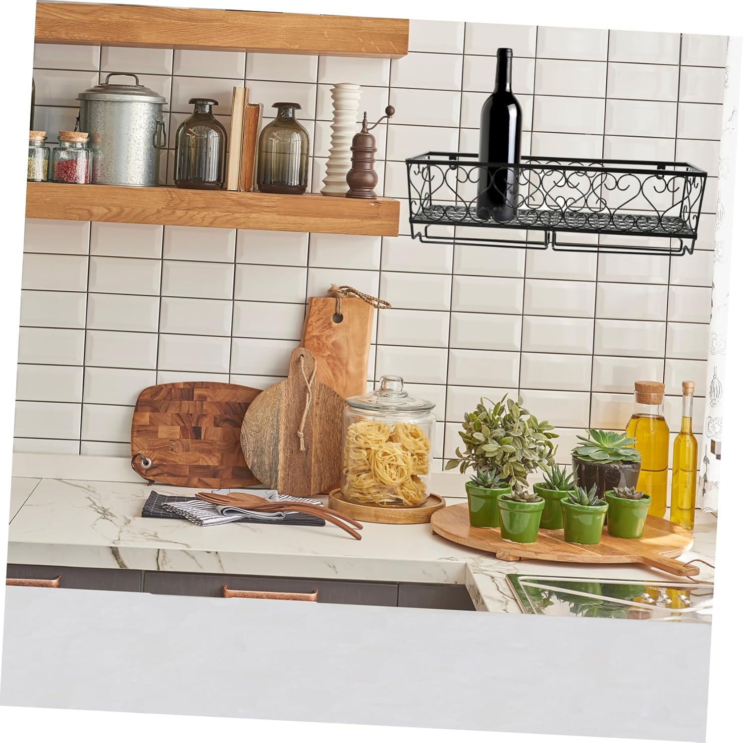 Ciieeo Wall Mounted Wine Rack with Goblet Holder 50cm Black Iron Design