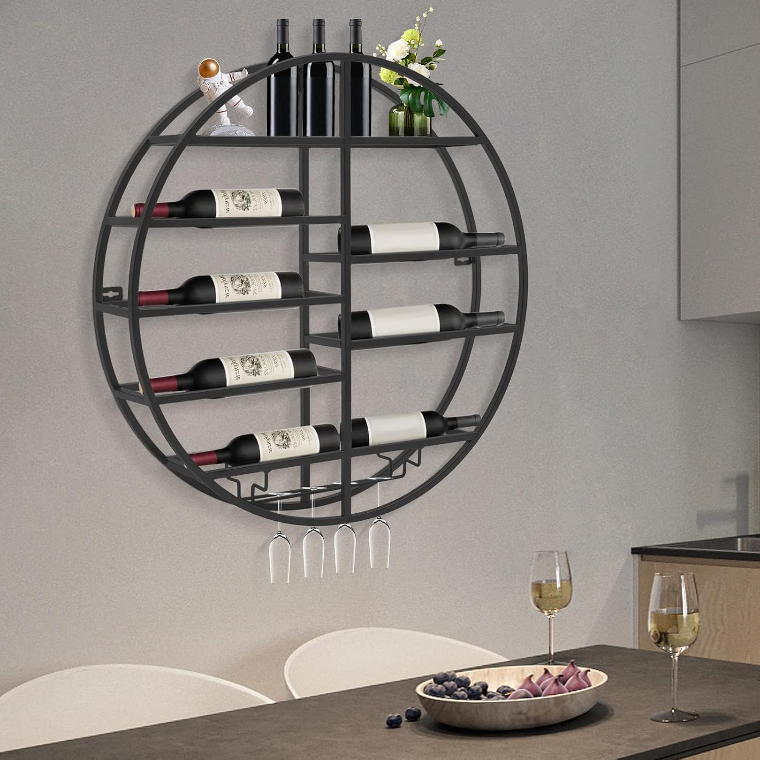 Wall Mounted Round Wine Rack with Glass Holder Black Iron