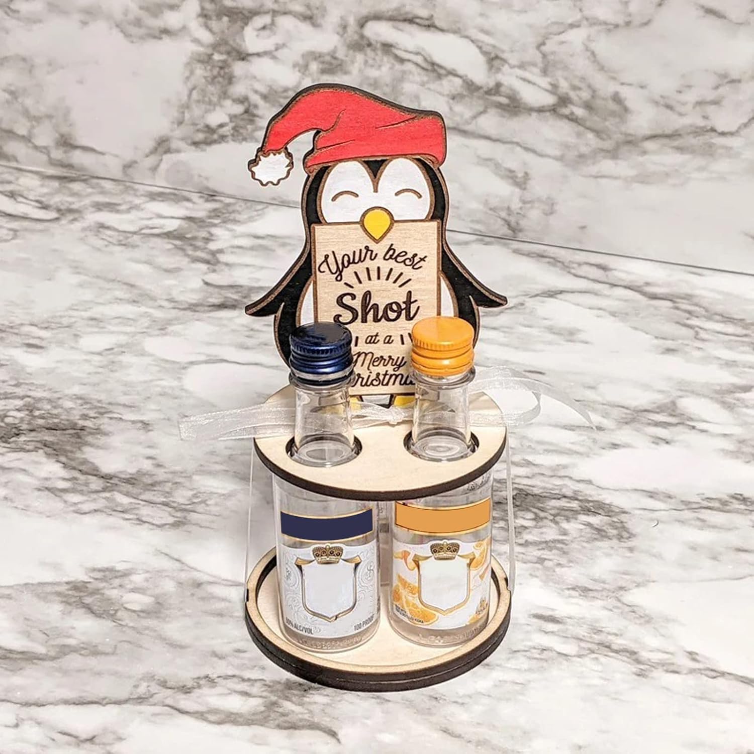 Christmas Mini Wooden Wine Rack with Penguins and Elks