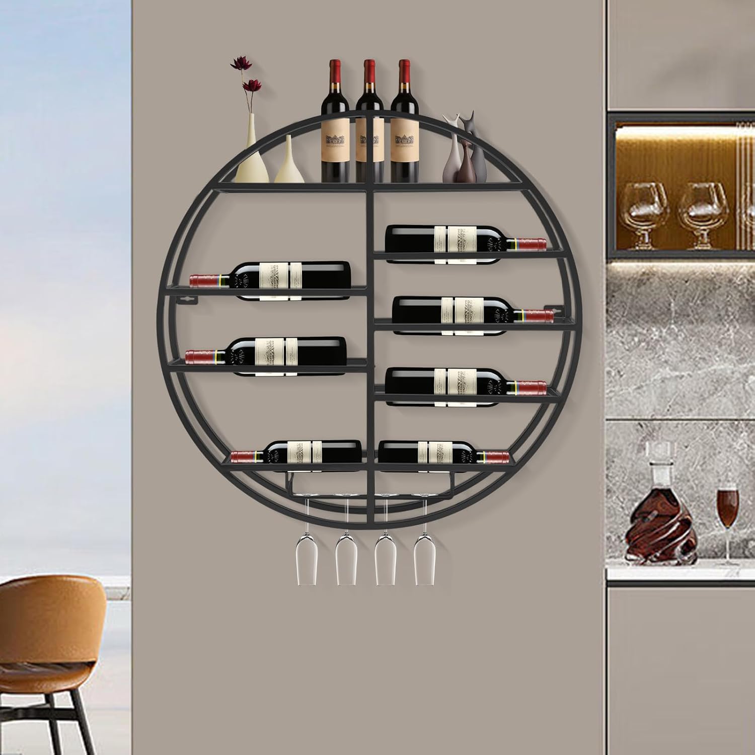 Wall Mounted Round Wine Rack with Glass Holder Black Iron
