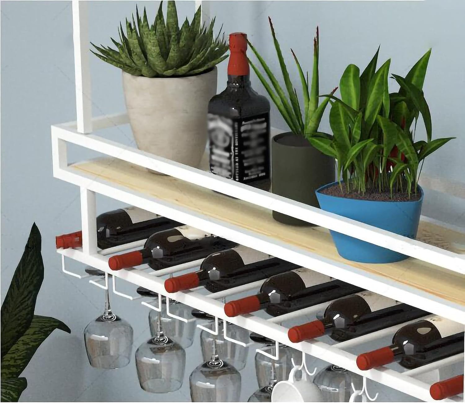 ZJDYDY 2 Tier Wall-Mounted Wine Rack with Glass Holder and Guard Rail