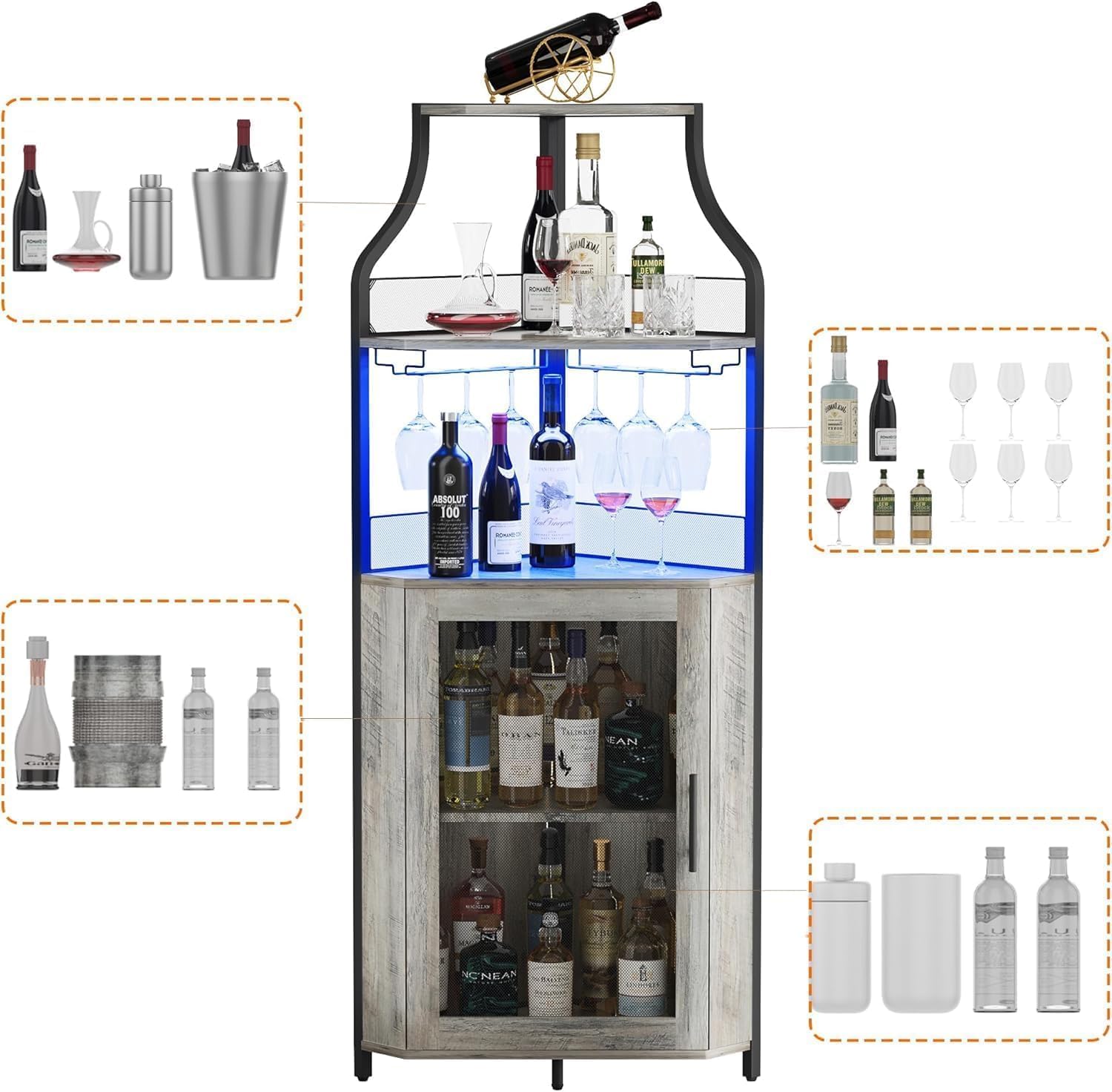 5-Tier Industrial Wine Cabinet with LED Light and Glass Holder