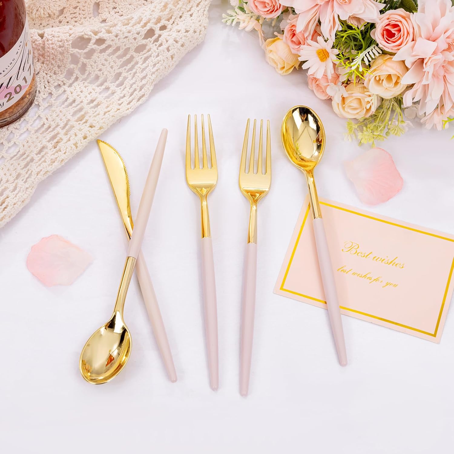 SUT 160Pcs Pink and Gold Plastic Silverware Set 1