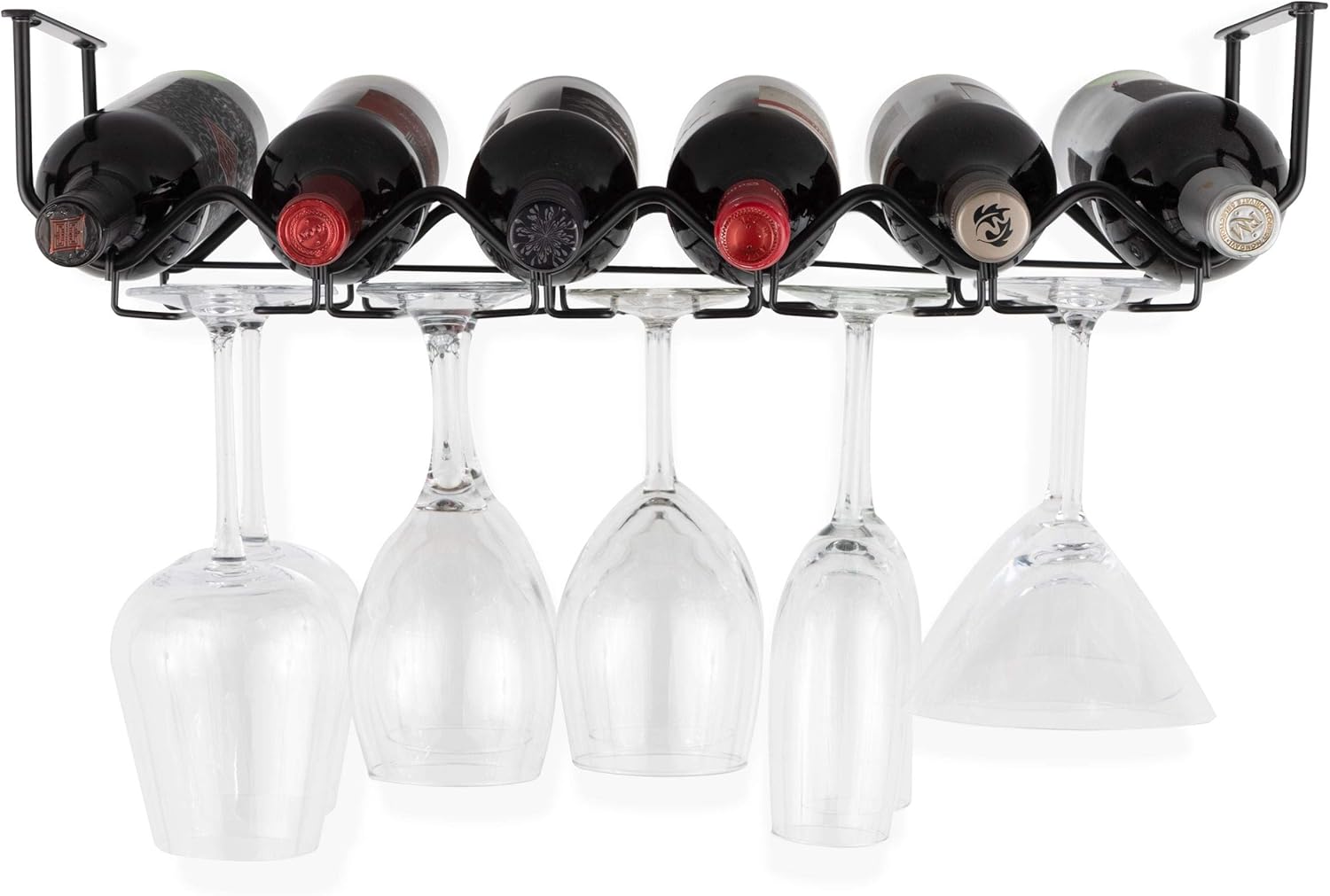 Black Steel Wine Rack and Glasses Holder for Kitchen