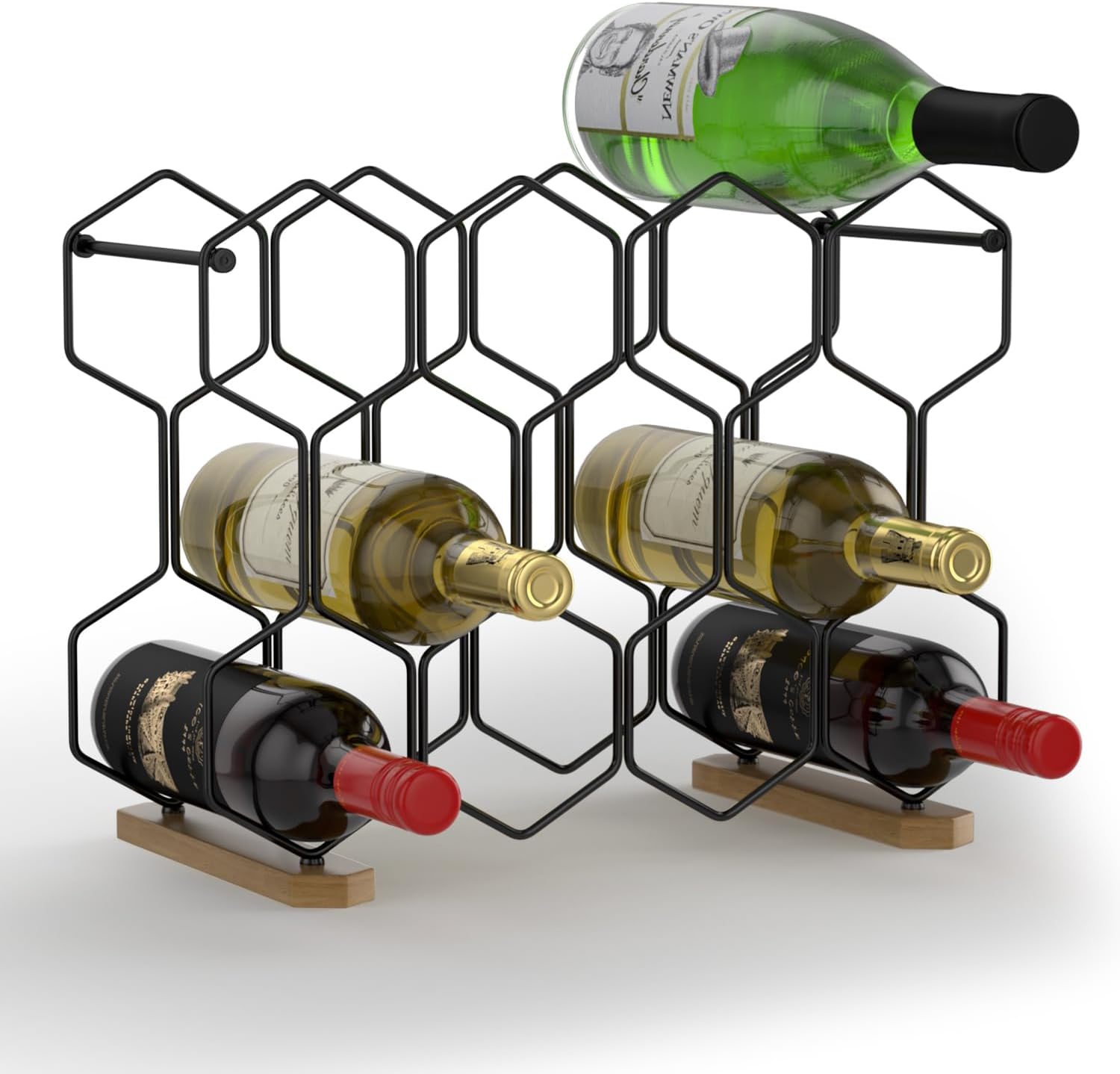 Buruis 6-Bottle Wine Rack Black 14-Bottle Wooden Base Black