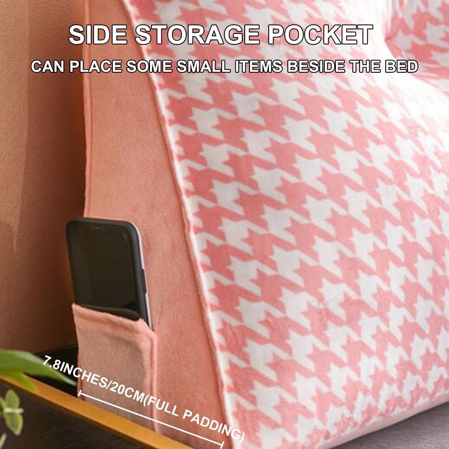 Velvet Triangular Reading Pillow with Side Pockets - Pink 47120cm