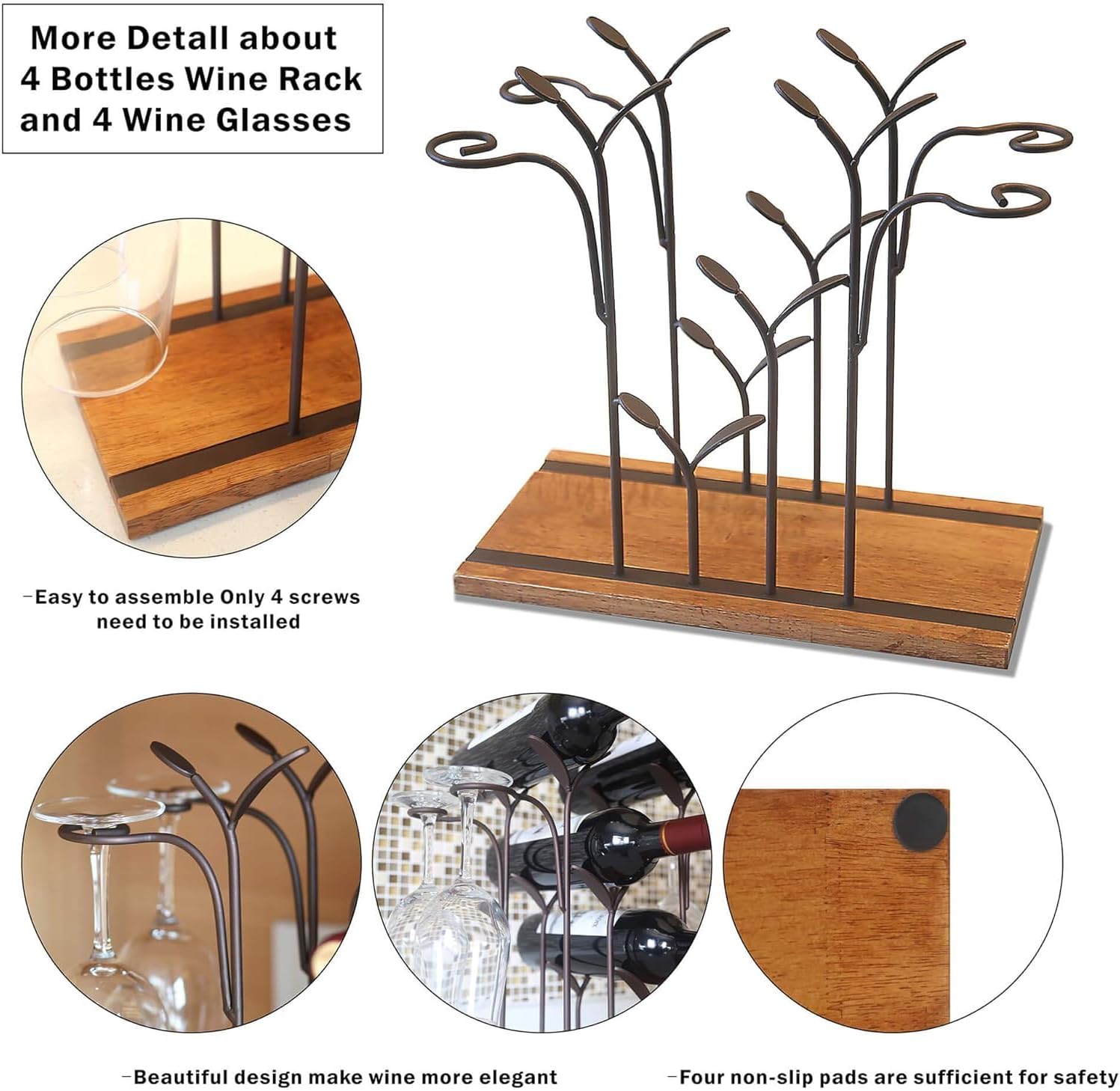 Stylish Bronze Wine Rack with 4 Bottles and 4 Glasses
