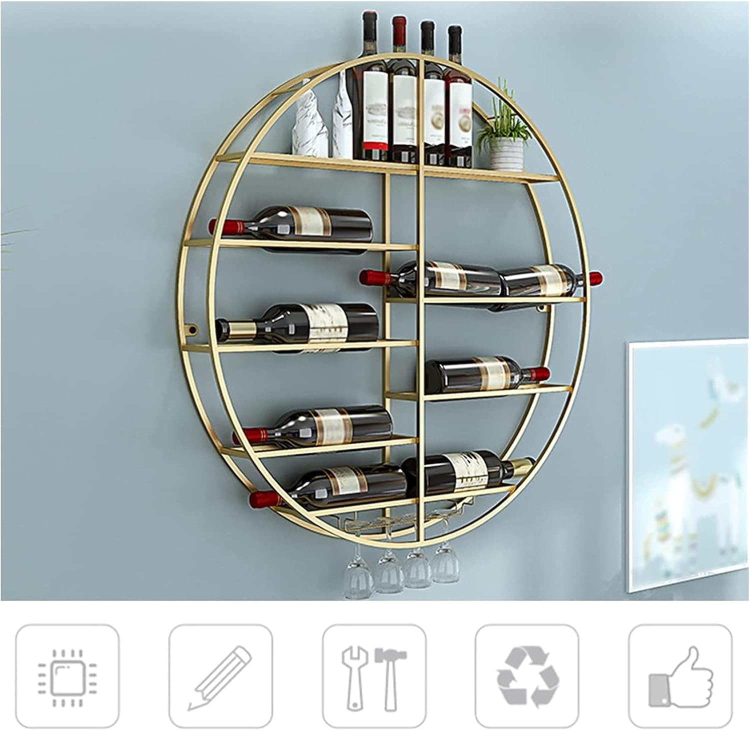 ALDEPO Gold Round Wine Rack Wall Mount 60cm