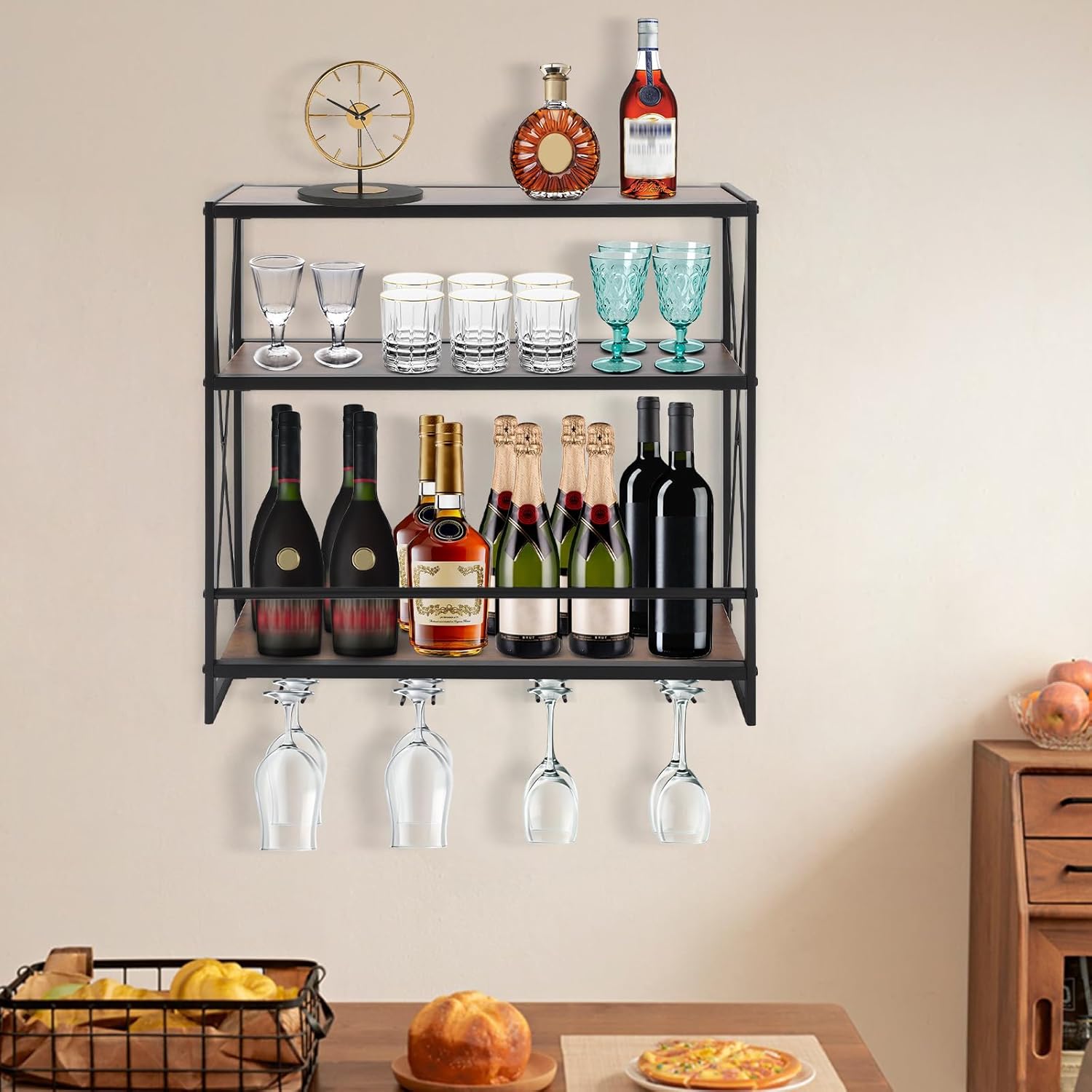 Gdrasuya10 Wall Mounted Wine Rack with 3-Tier Glass Holder