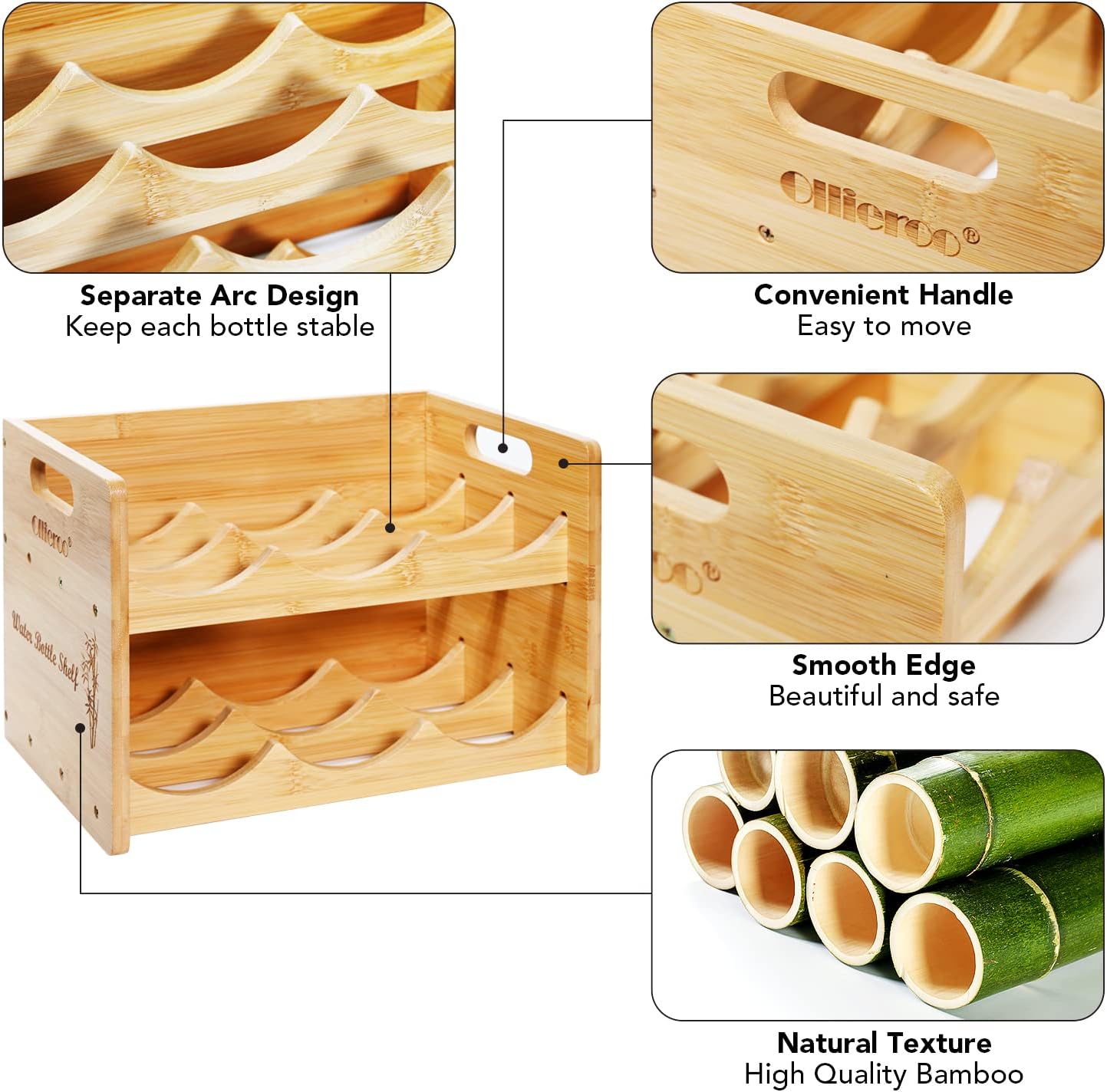Ollieroo Bamboo Water Bottle Organizer Shelf with 2 Tiers Holds 6 Bottles Natural